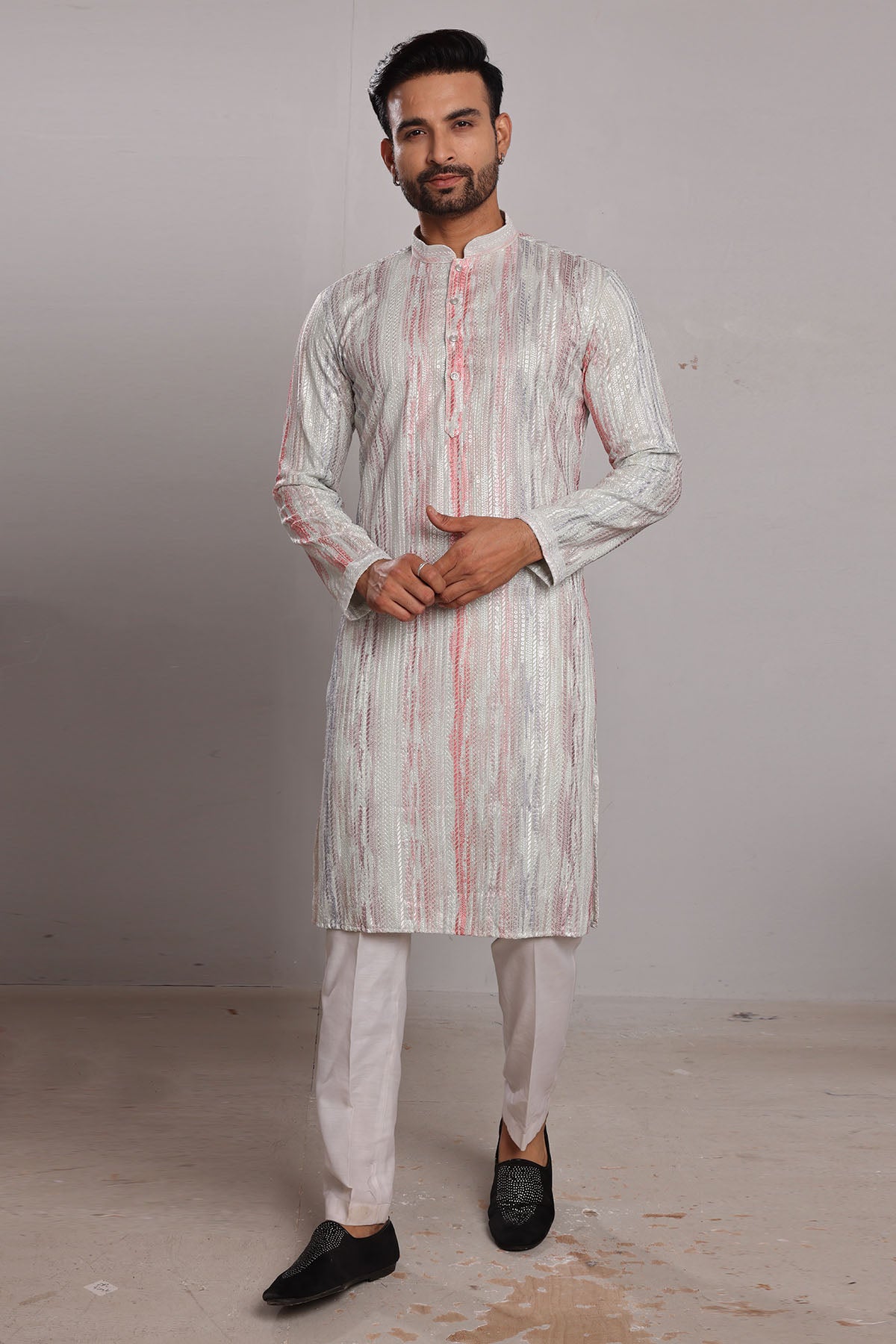 Ice Blue Thread Work Silk Kurta