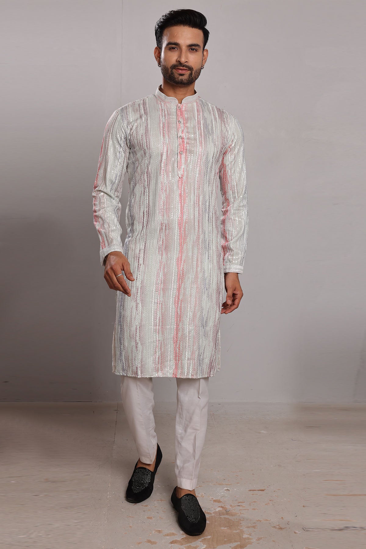 Ice Blue Thread Work Silk Kurta