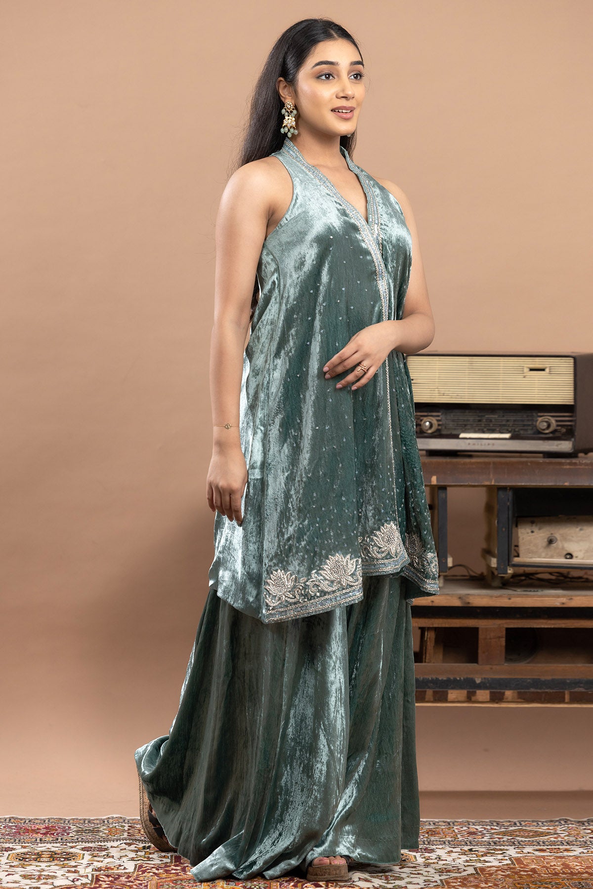 Ice Blue Velvet Zari Kurta Set