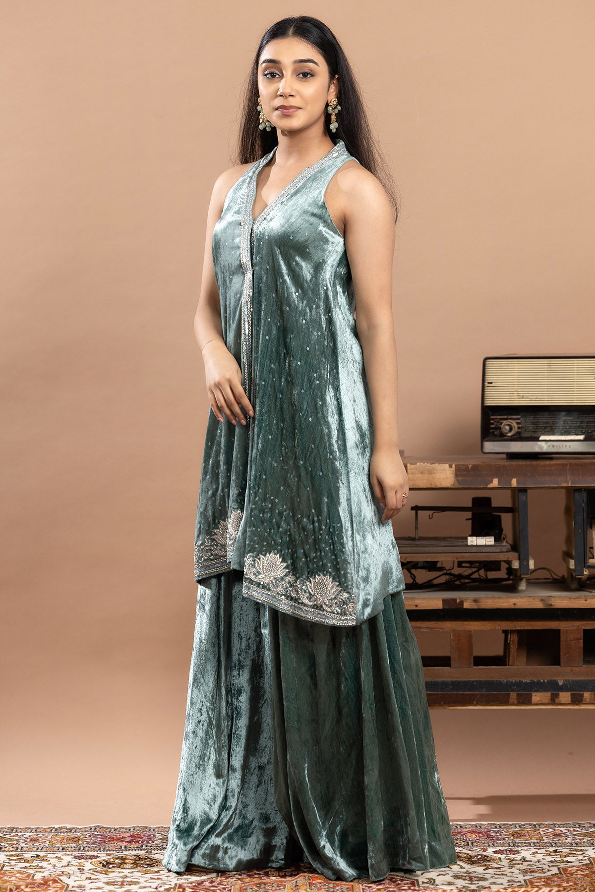 Ice Blue Velvet Zari Kurta Set
