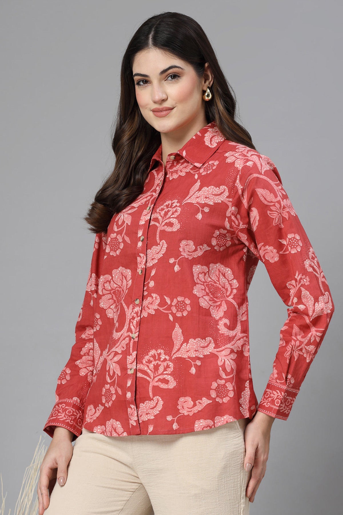 Buy Indian Red Floral Printed Shirt for Women by Qomn Designer online available at scrollnshops
