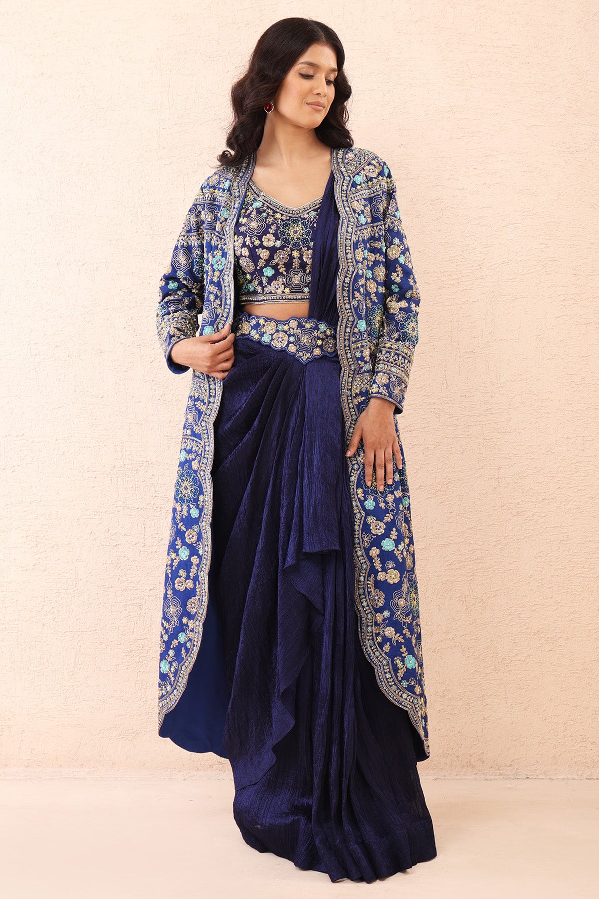 Indigo Blue Crinkle Saree Set