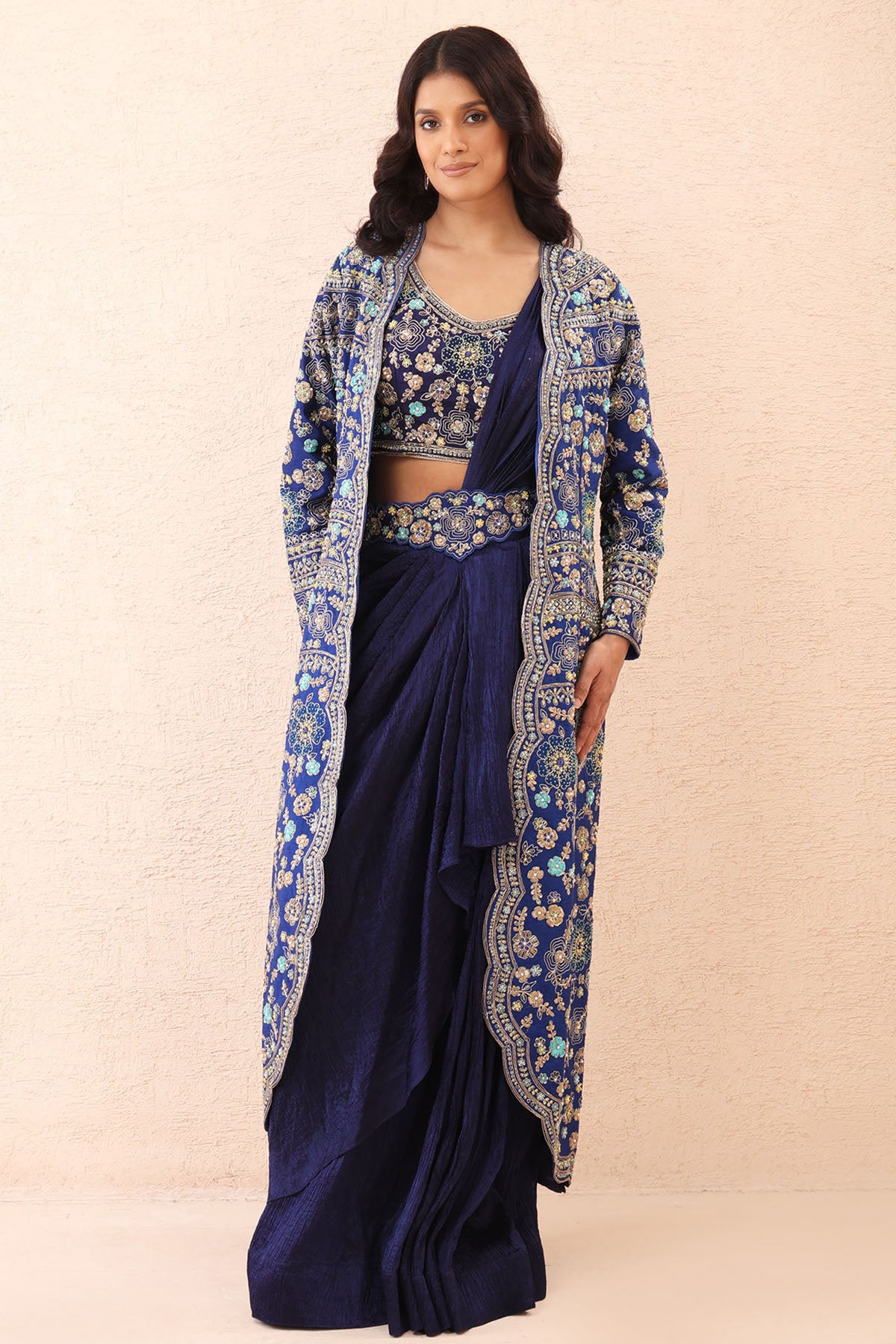 Indigo Blue Crinkle Saree Set