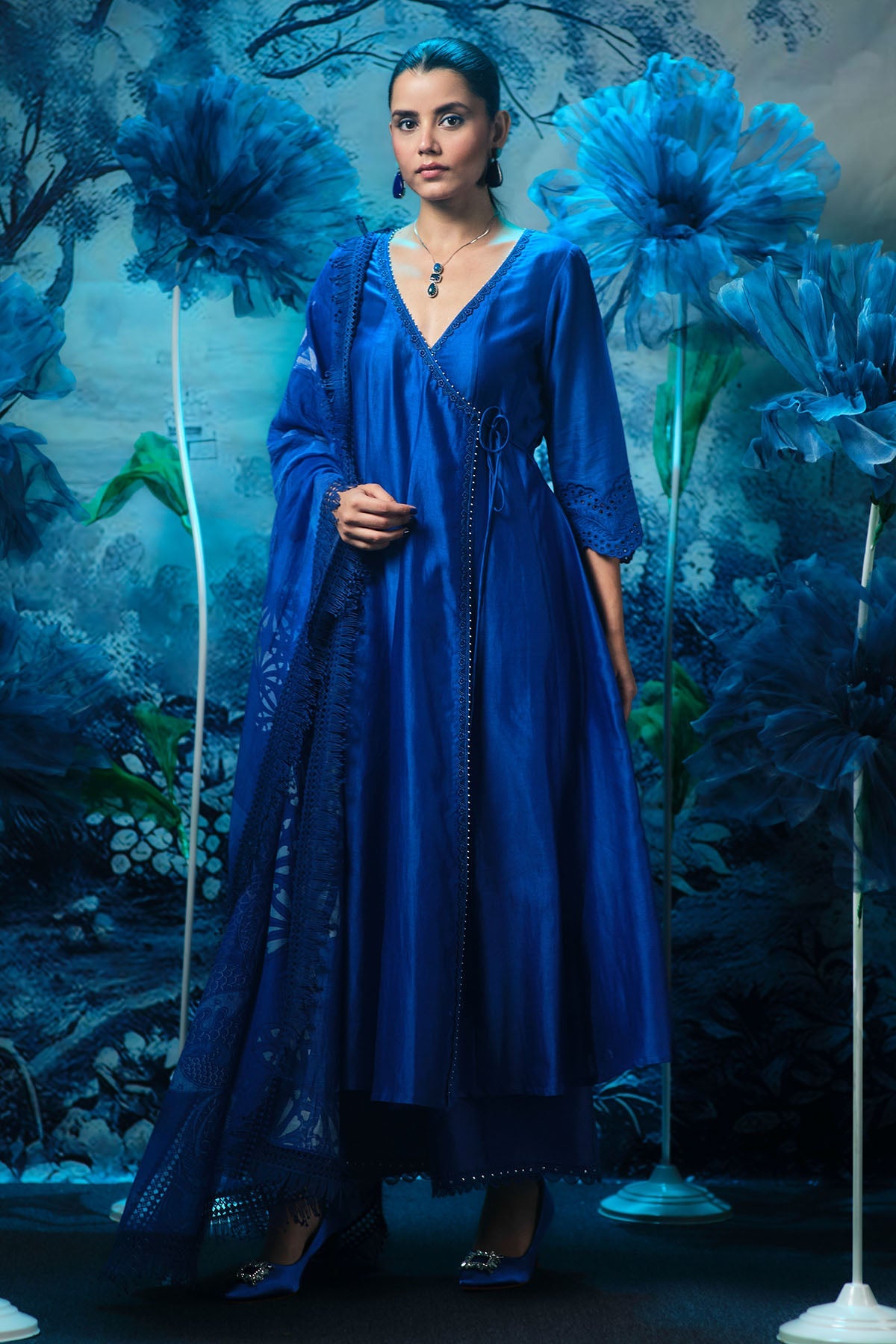 Buy Indigo Chanderi Anarkali Set by Mandira Wirk for women online at ScrollnShops