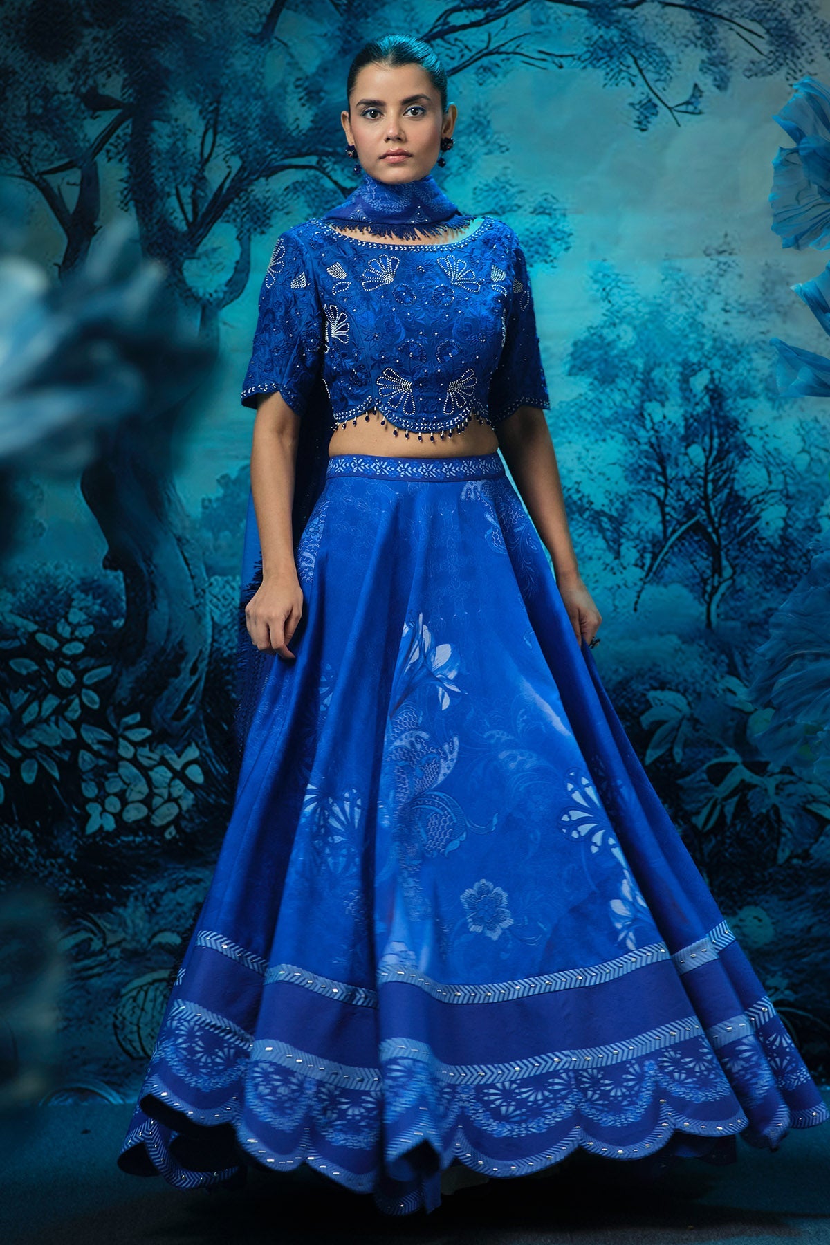 Buy Indigo Chanderi Lehenga Set by Mandira Wirk for women online at ScrollnShops