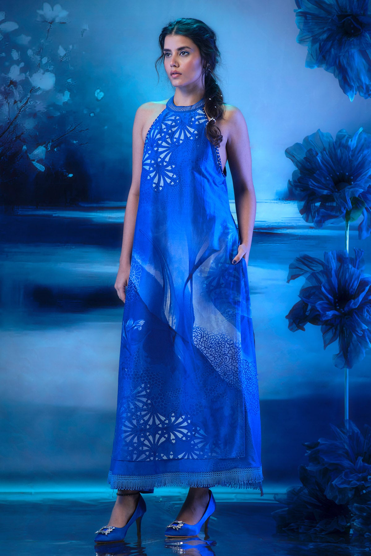 Indigo Chanderi Print Kurta Set