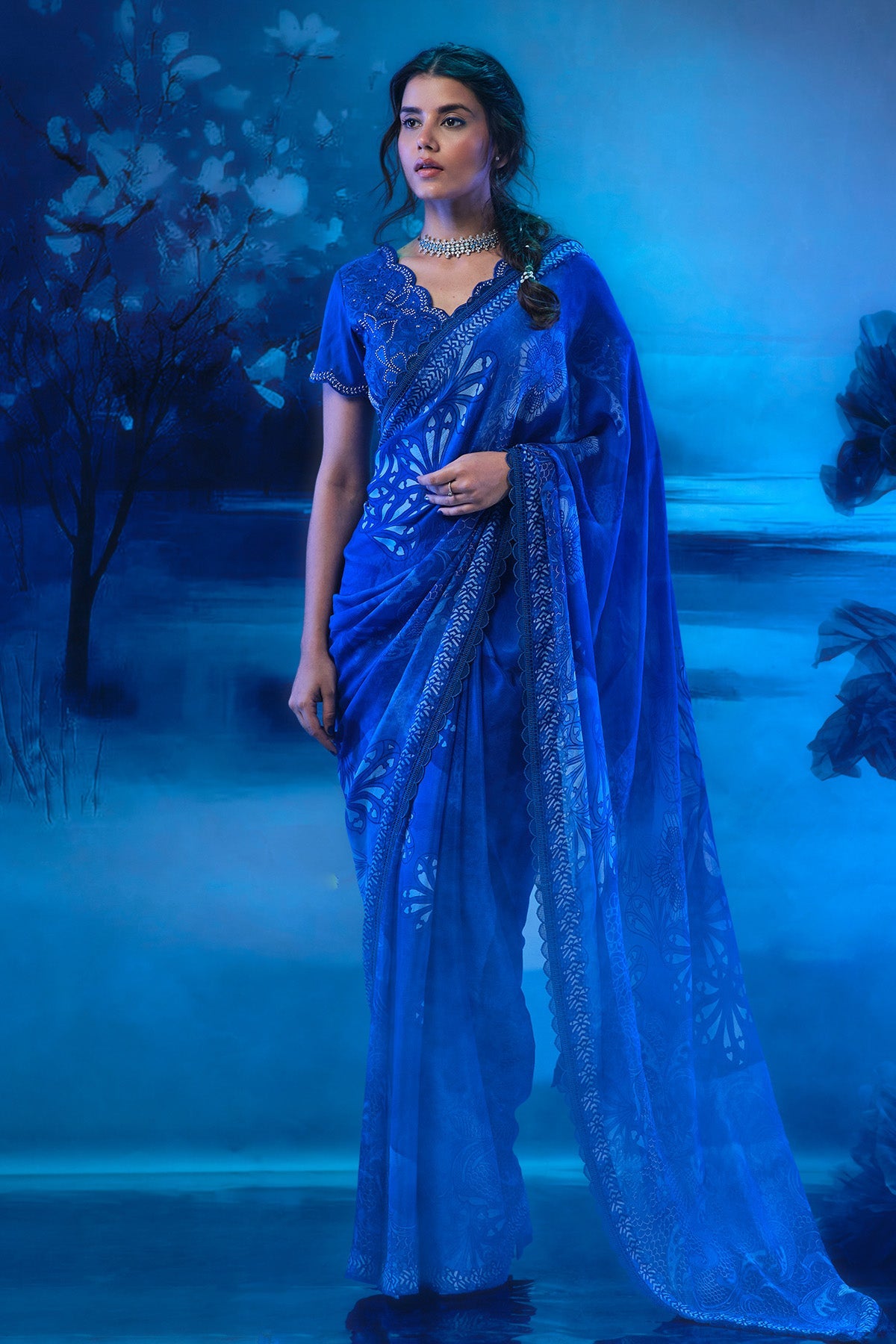 Buy Indigo Chanderi Printed Saree by Mandira Wirk for women online at ScrollnShops