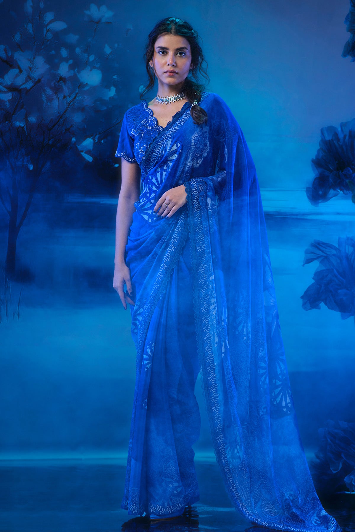 Indigo Chanderi Printed Saree
