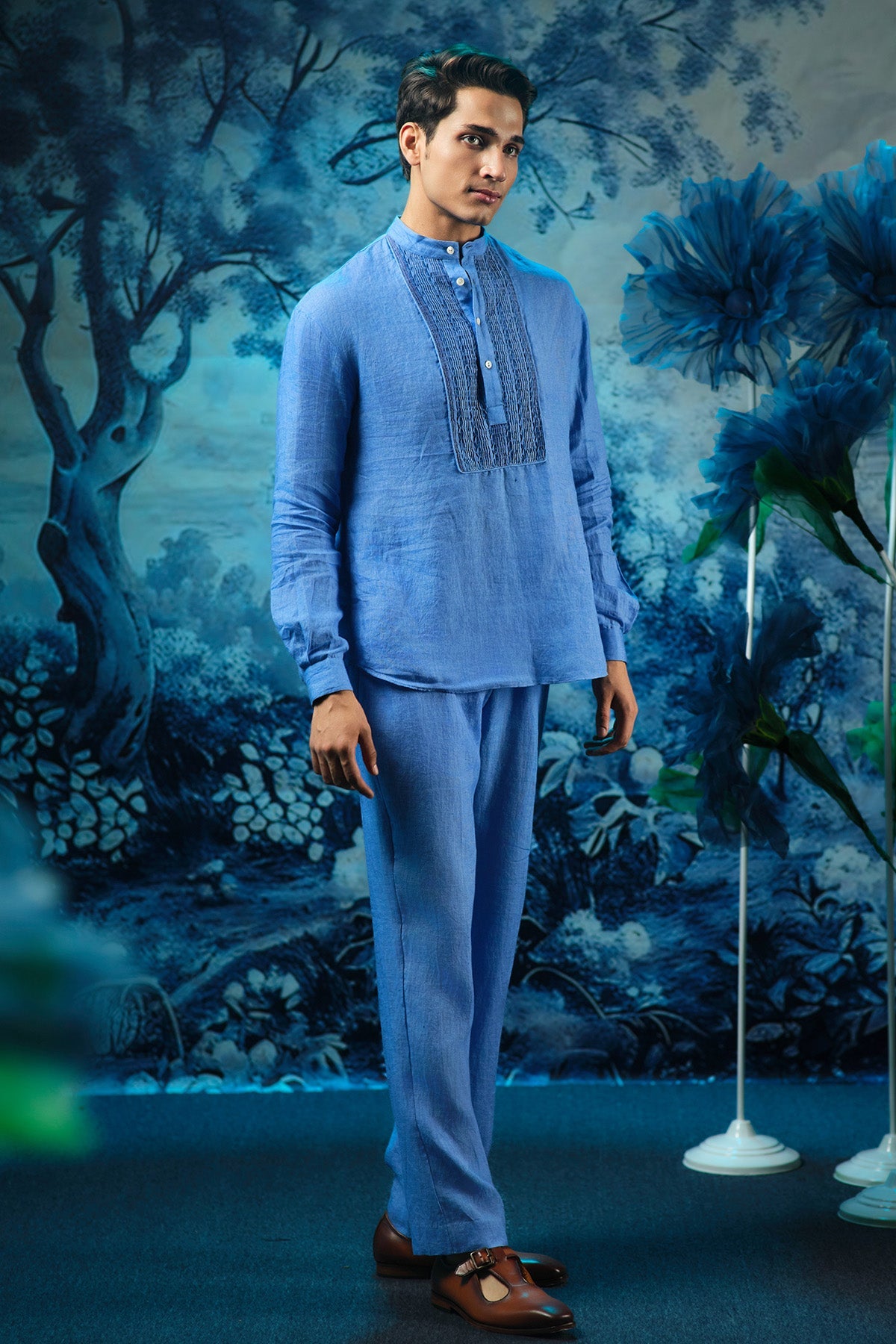 Buy Indigo Chanderi Short Kurta Set by Mandira Wirk for men online at ScrollnShops