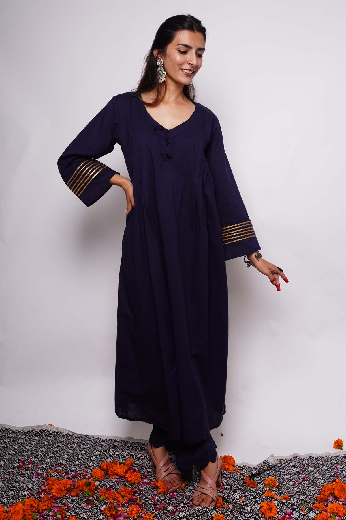 Charu Bhaskar Indigo Cotton A-Line Kurta Set for women online at ScrollnShops