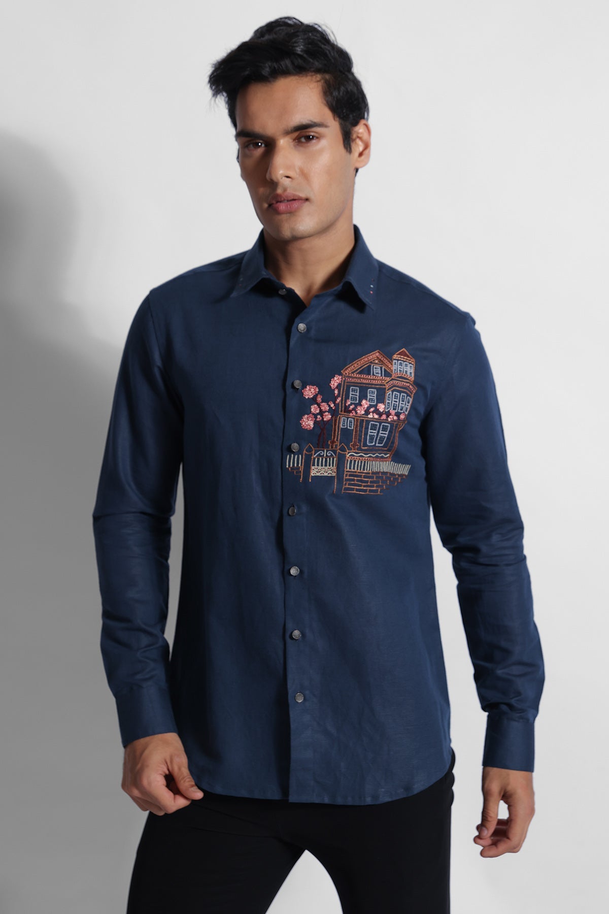 Buy Indigo Cotton Thread Work Shirt for men by Paarsh Atelier online available at scrollnshops
