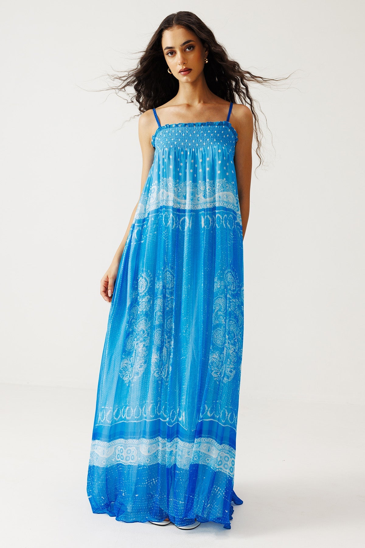 Buy Indigo Crinkled Chiffon Dress for women by Reena Sharma online available at scrollnshops
