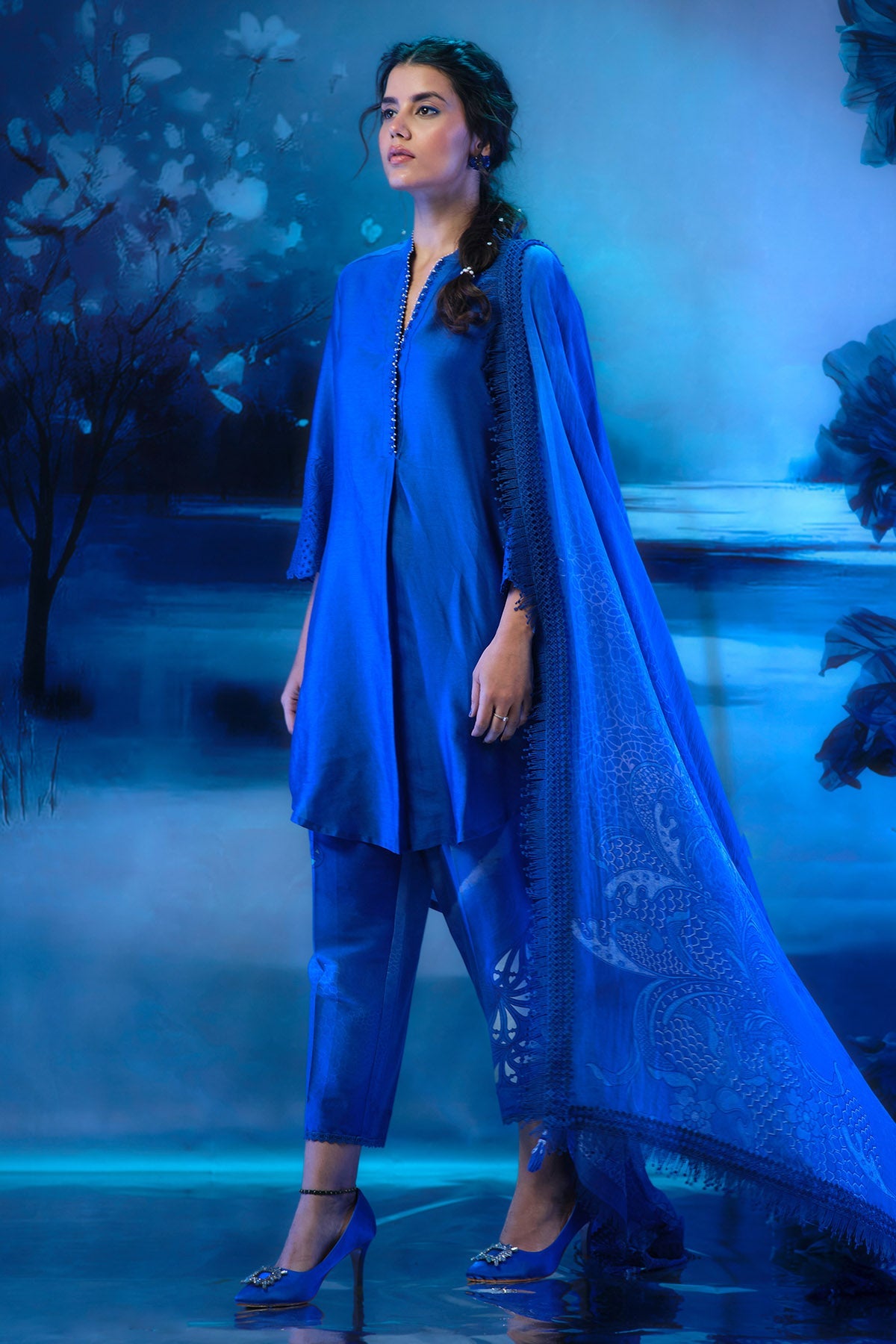 Buy Indigo Cutwork Short Kurta Set by Mandira Wirk for women online at ScrollnShops