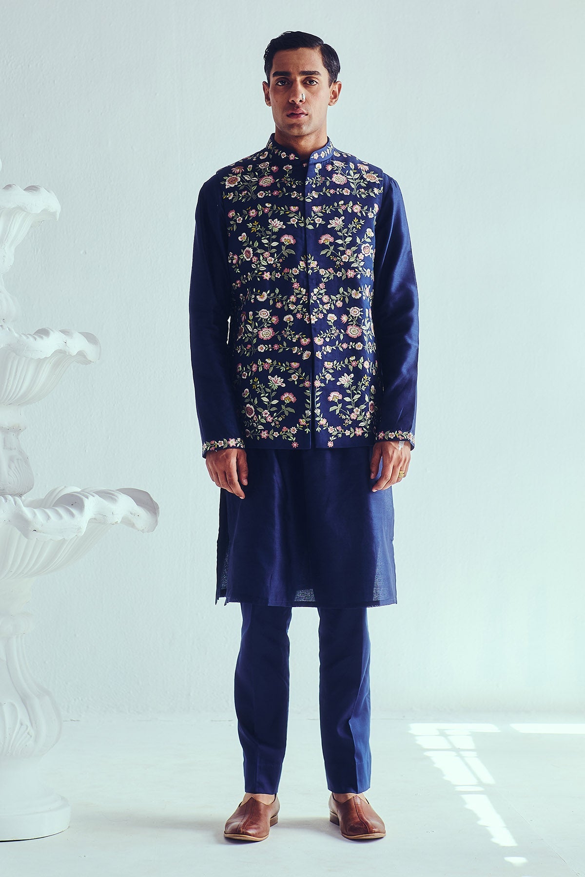 Buy Indigo Embroidered Bundi Set by WABI SABI for Men online at ScrollnShops