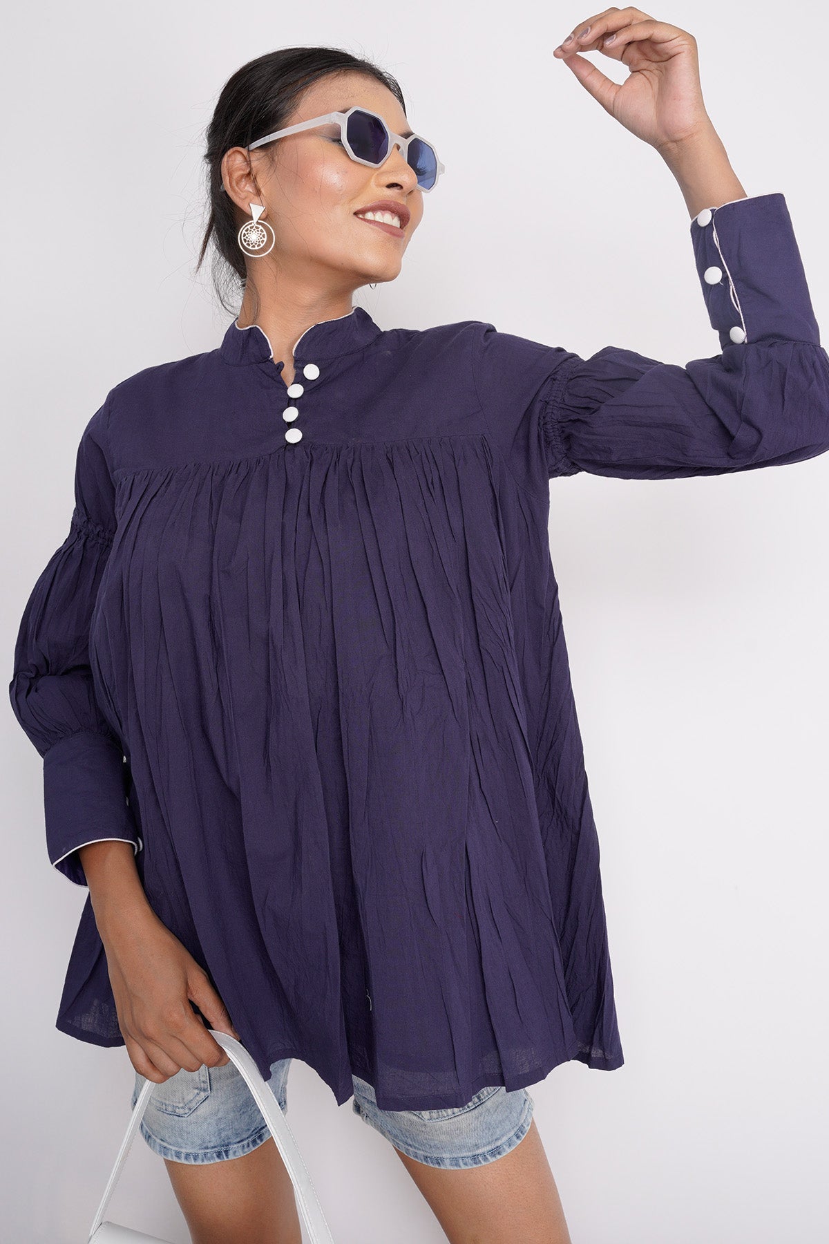 Buy Indigo Full Sleeves Balloon Top by Charu Bhaskar for women online at ScrollnShops