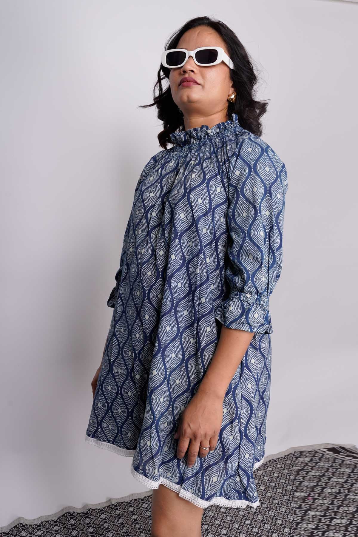 Charu Bhaskar Indigo Handblock Printed Dress for women online at ScrollnShops