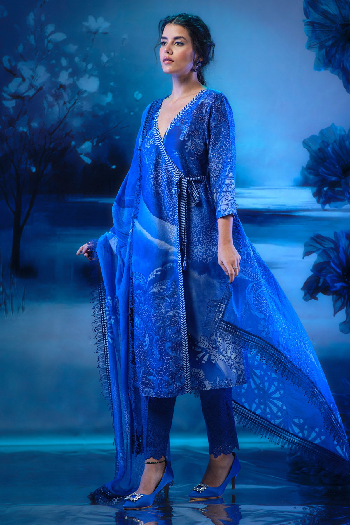 Indigo Print Angrakha Kurta Set