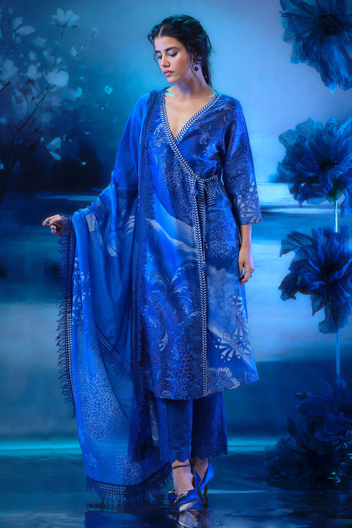 Buy Indigo Print Angrakha Kurta Set by Mandira Wirk for women online at ScrollnShops