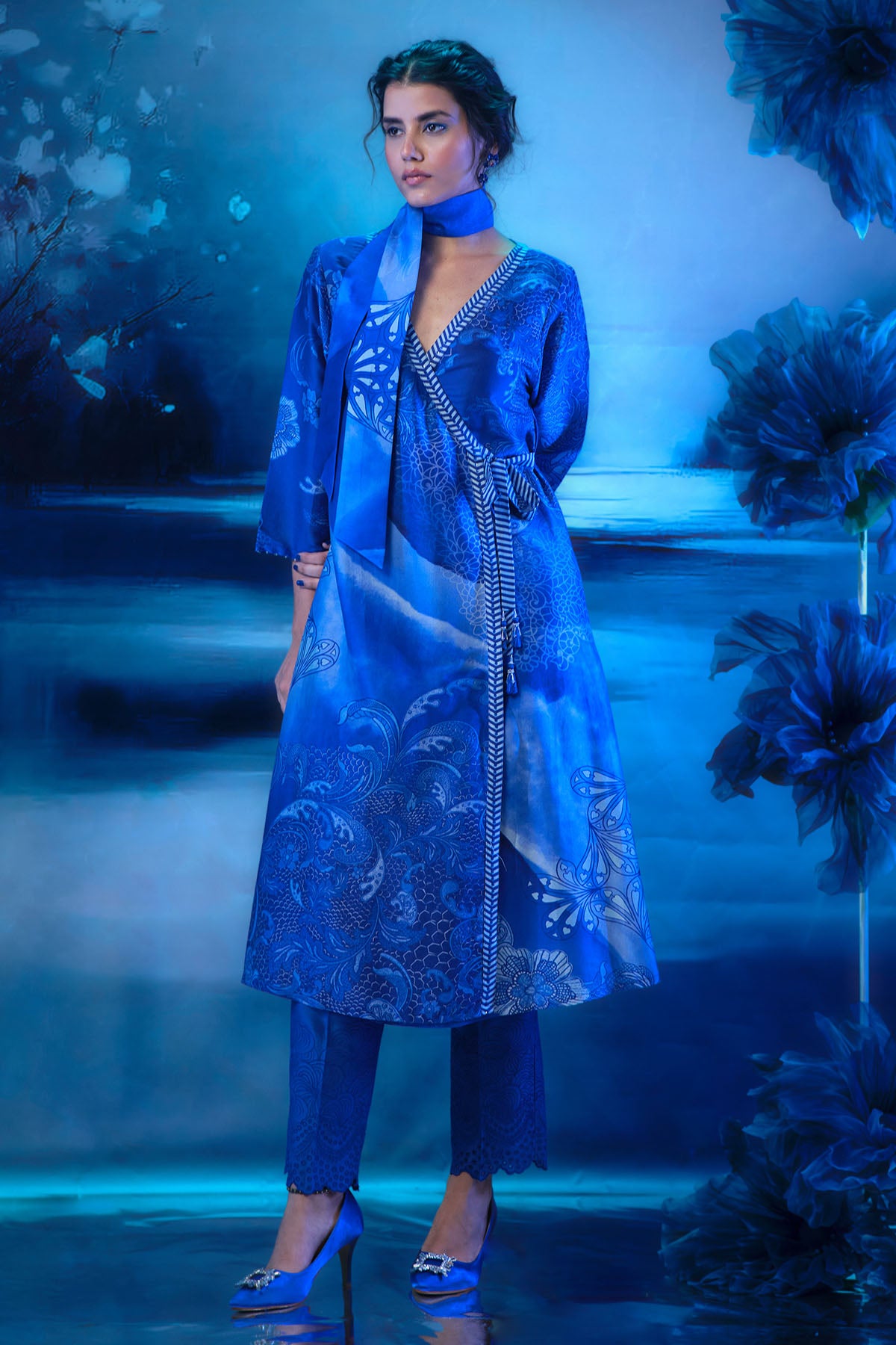 Indigo Print Angrakha Kurta Set