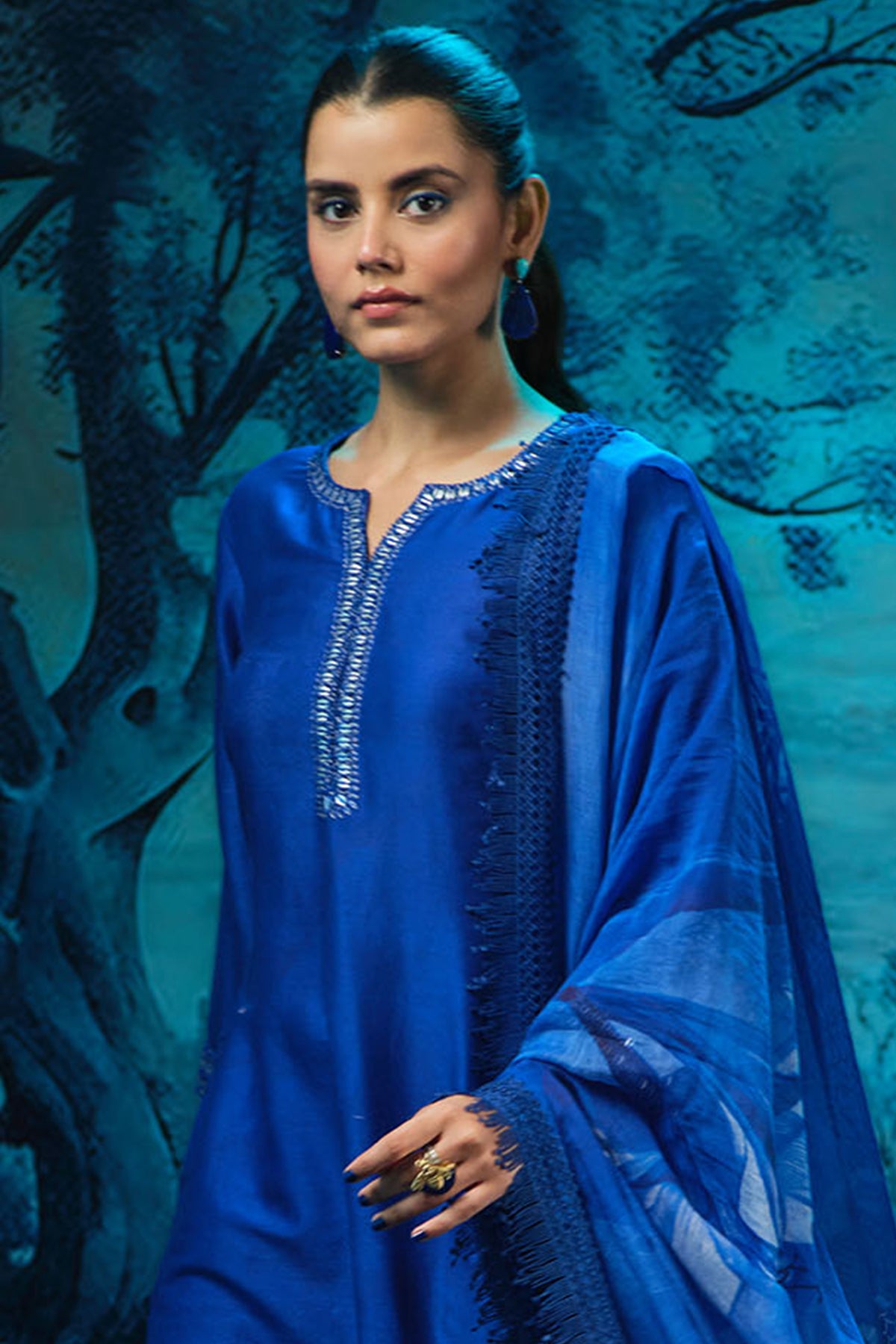 Indigo Print Chanderi Kurta Set