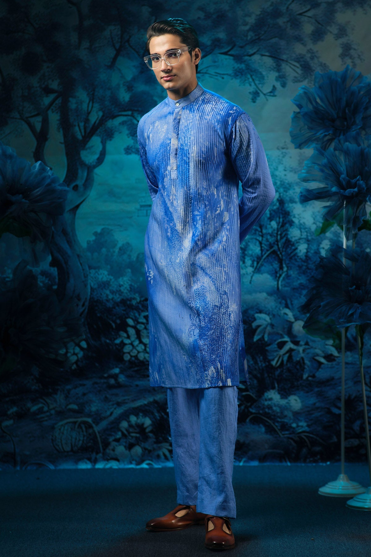 Buy Indigo Printed Kurta & Pants by Mandira Wirk for men online at ScrollnShops