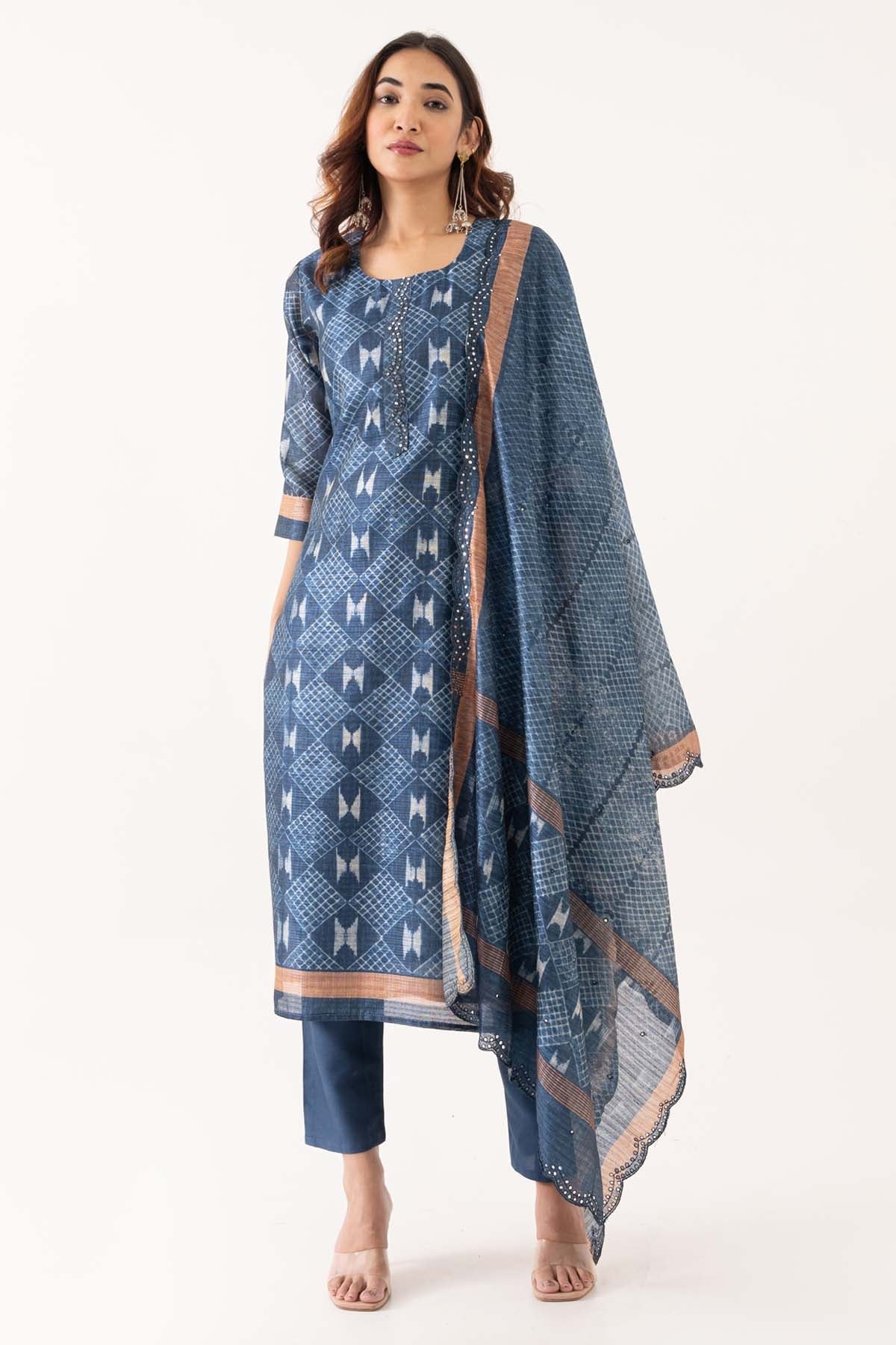 Eesha Gupta Indigo Printed Linen Kurta Set for men online at ScrollnShops