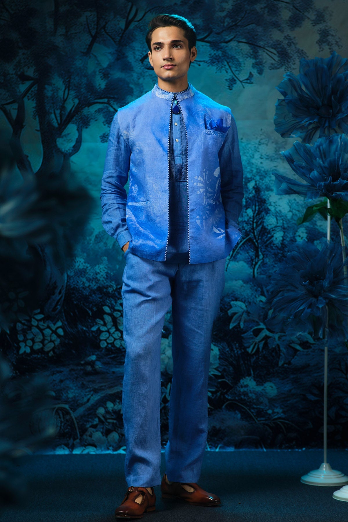 Buy Indigo Printed Short Kurta Set by Mandira Wirk for men online at ScrollnShops