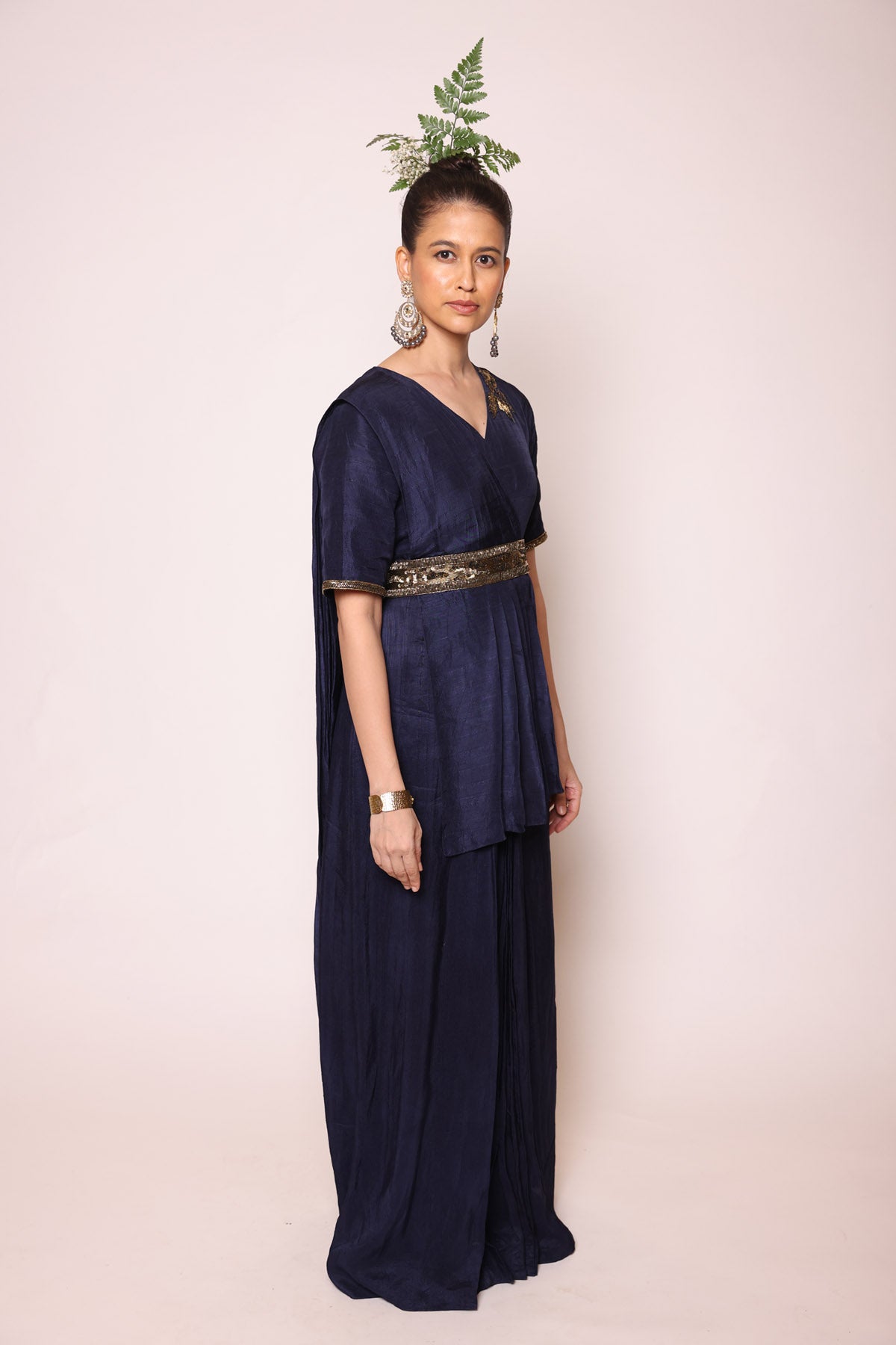 Ink Blue Sequins Pre Drape Saree