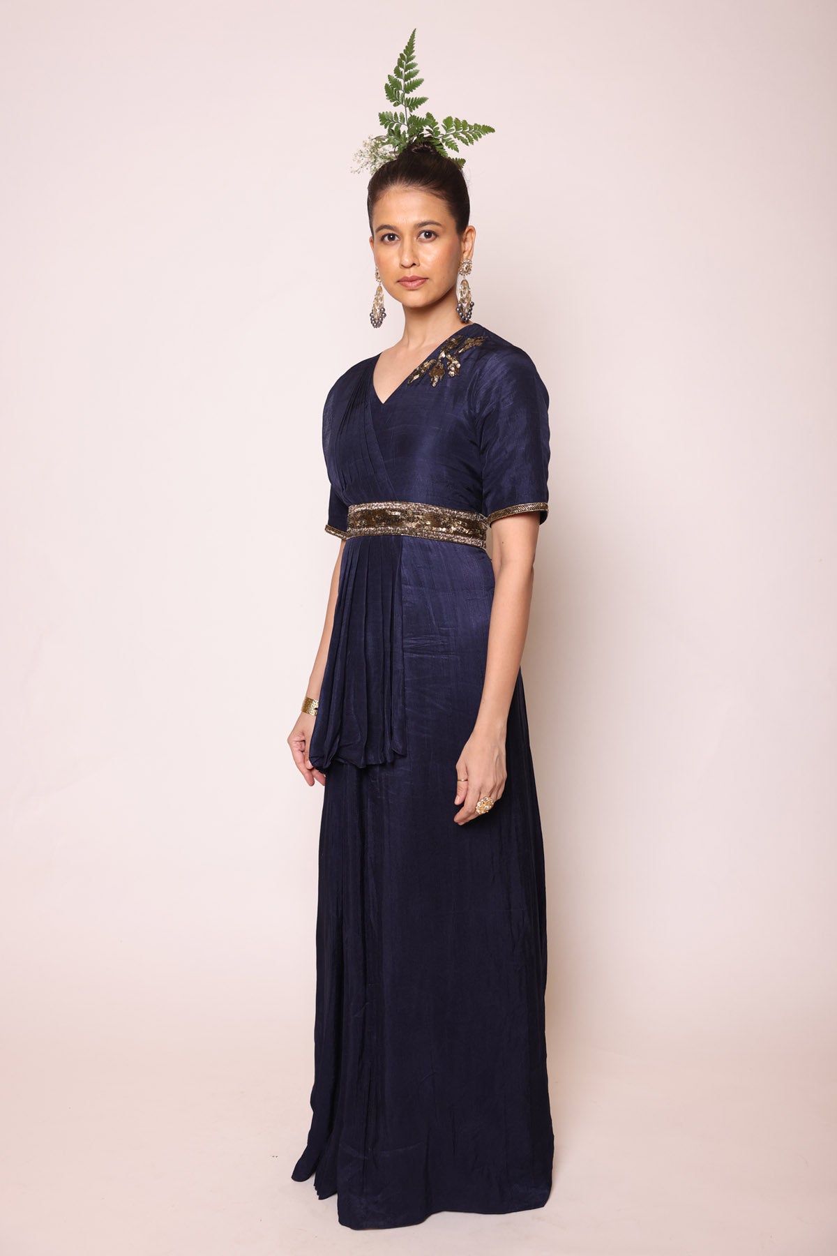 Ink Blue Sequins Pre Drape Saree