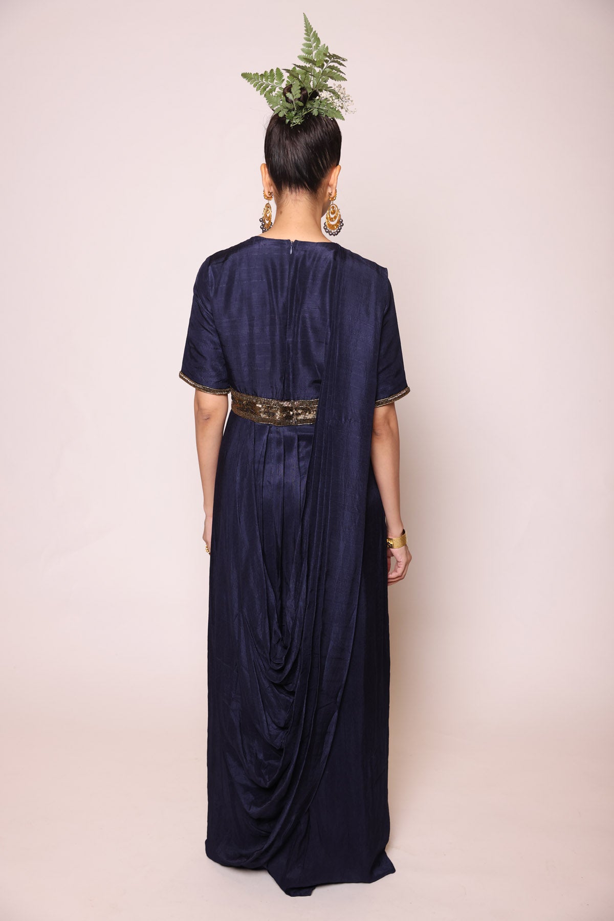 Ink Blue Sequins Pre Drape Saree