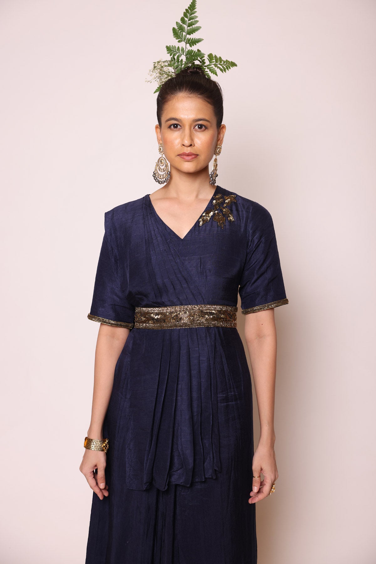 Ink Blue Sequins Pre Drape Saree