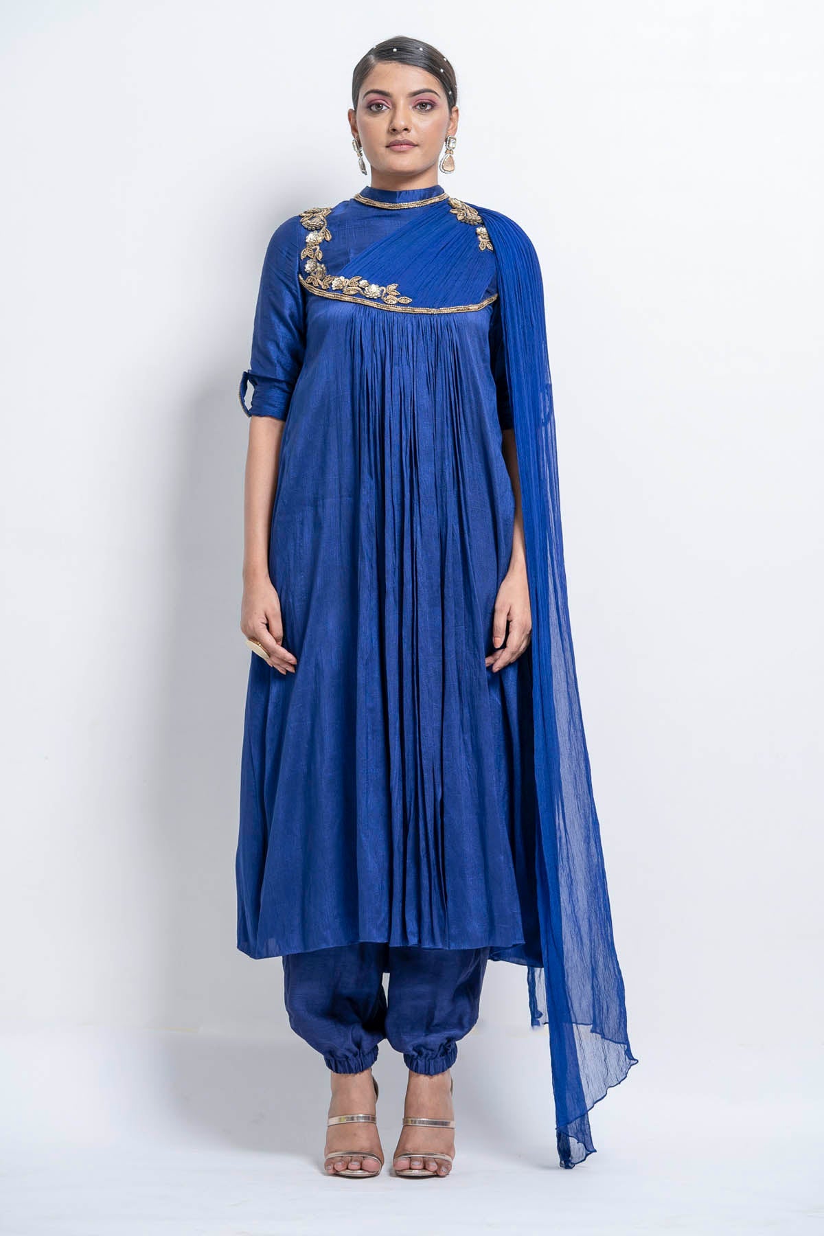 Ink Blue Predrape Kurta Dupatta Set at ScrollnShops