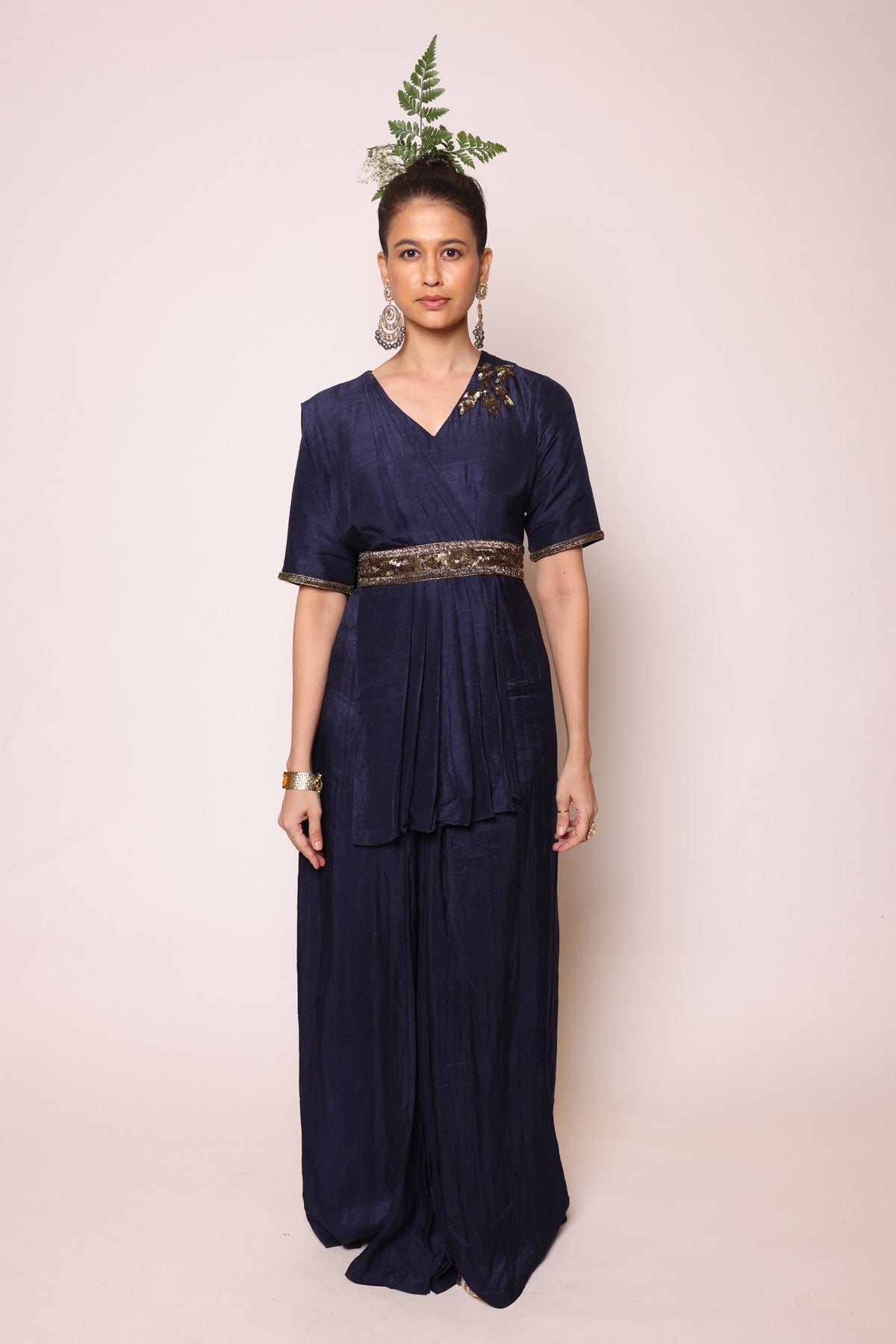 Ink Blue Sequins Pre Drape Saree at ScrollnShops