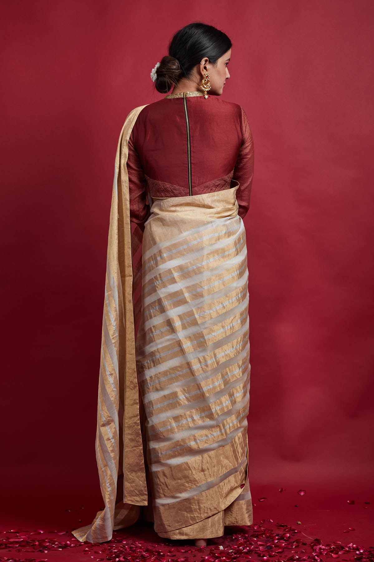 Ivory Chanderi Zari Stripes Saree Set