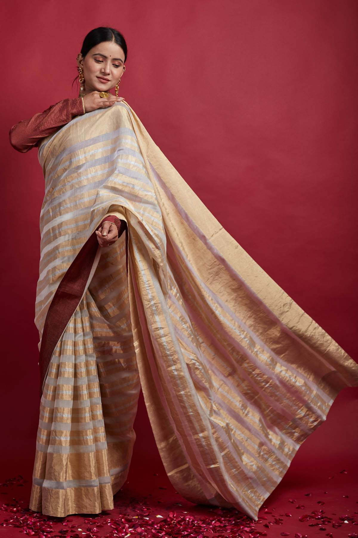 Ivory Chanderi Zari Stripes Saree Set