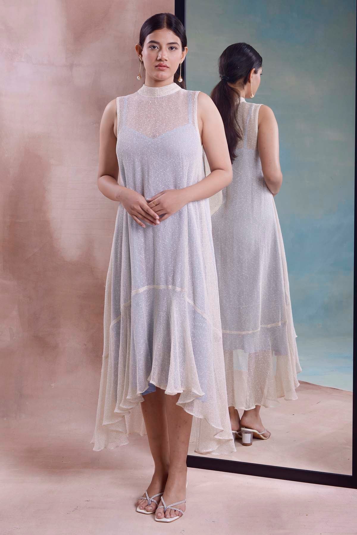 Ivory Cotton Mesh Tie-Up Dress