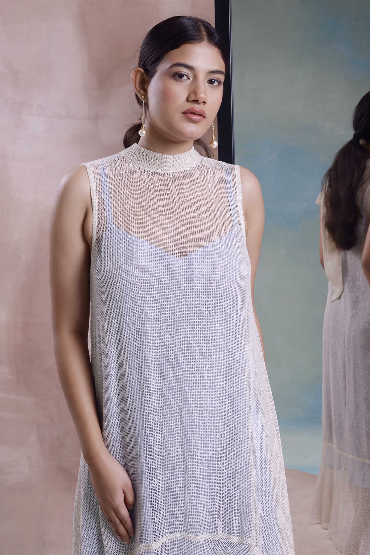 Ivory Cotton Mesh Tie-Up Dress