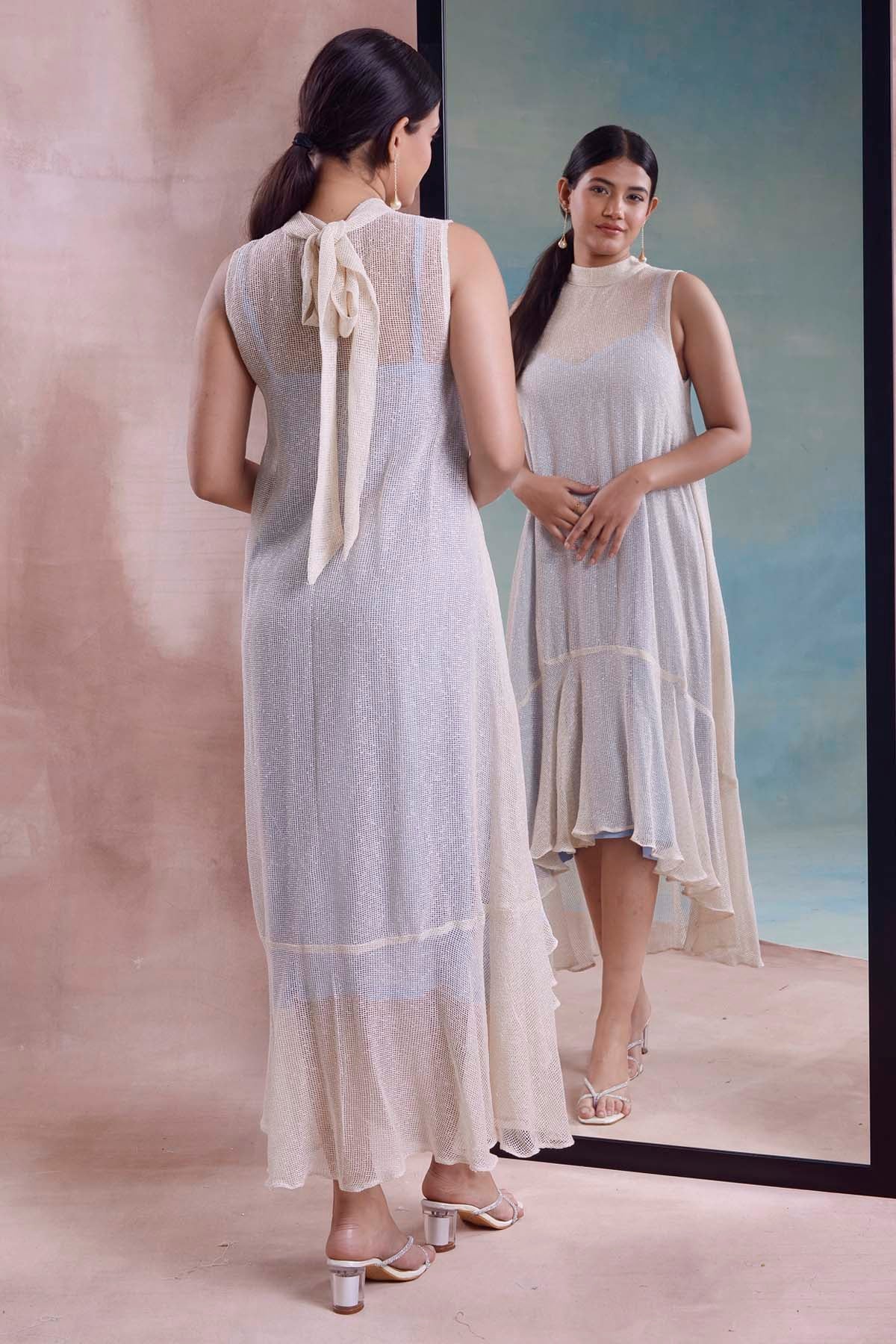 Ivory Cotton Mesh Tie-Up Dress