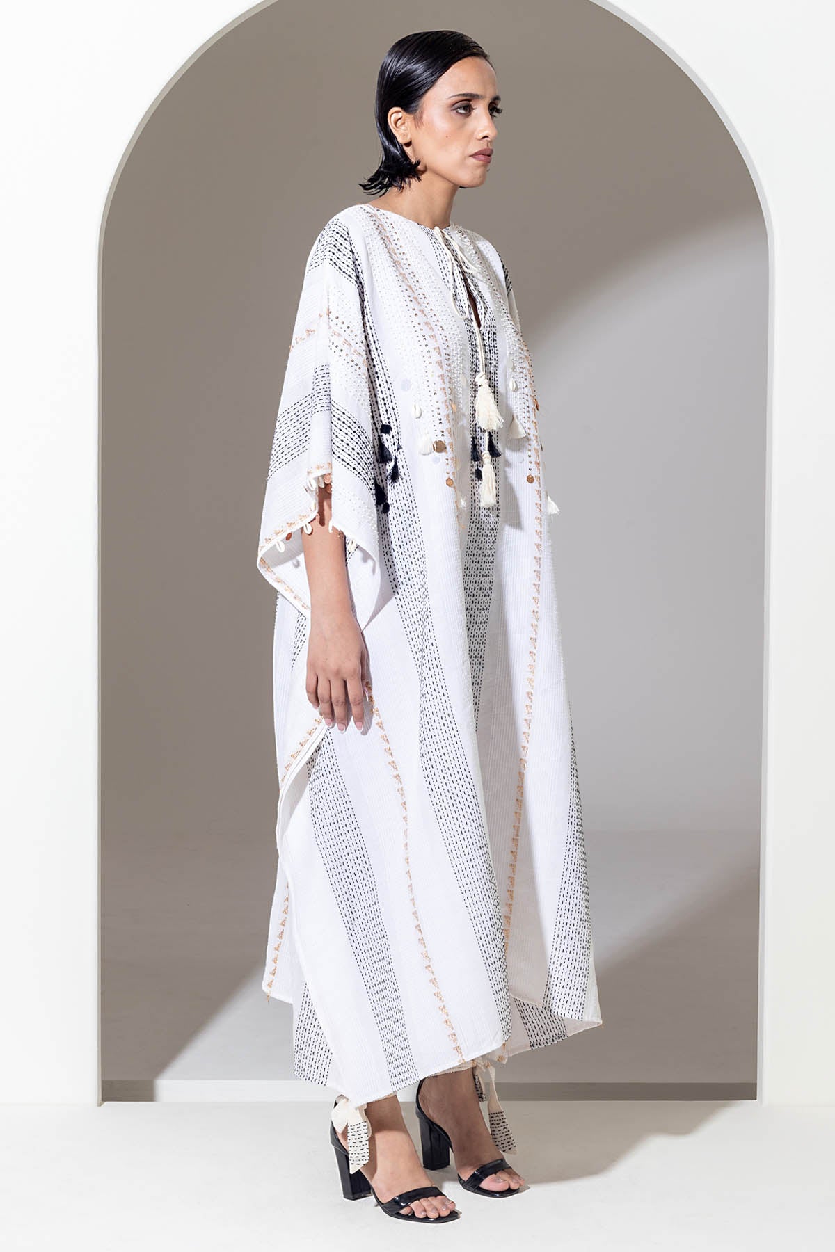 Ivory Embroidered Cotton Kaftan