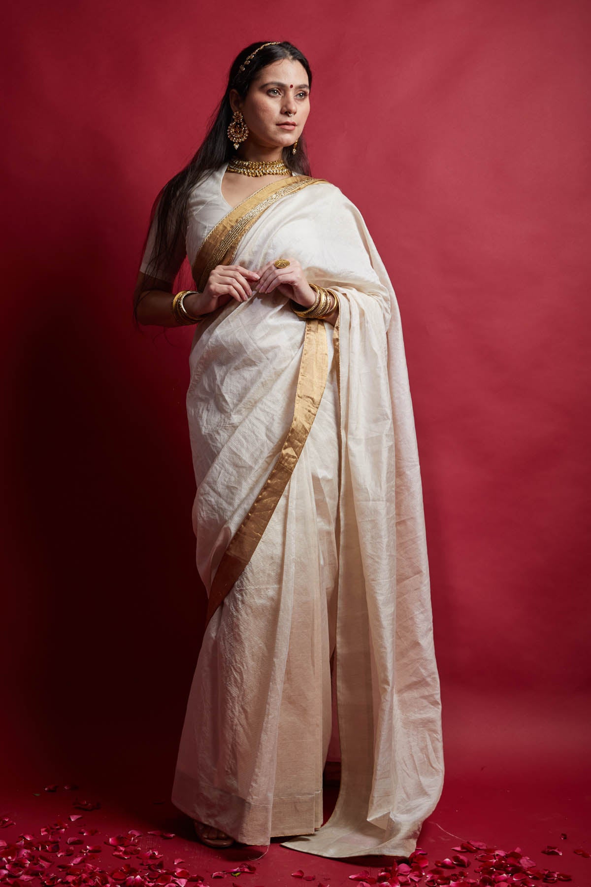 Ivory & Gold Stripe Pre Drape Saree