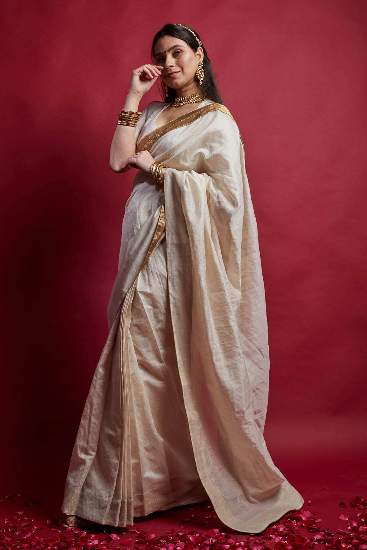 Ivory & Gold Stripe Pre Drape Saree