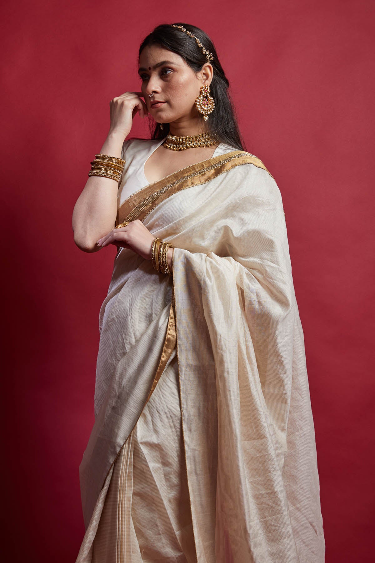 Ivory & Gold Stripe Pre Drape Saree