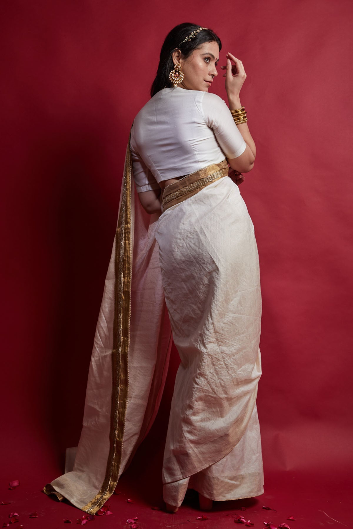 Ivory & Gold Stripe Pre Drape Saree