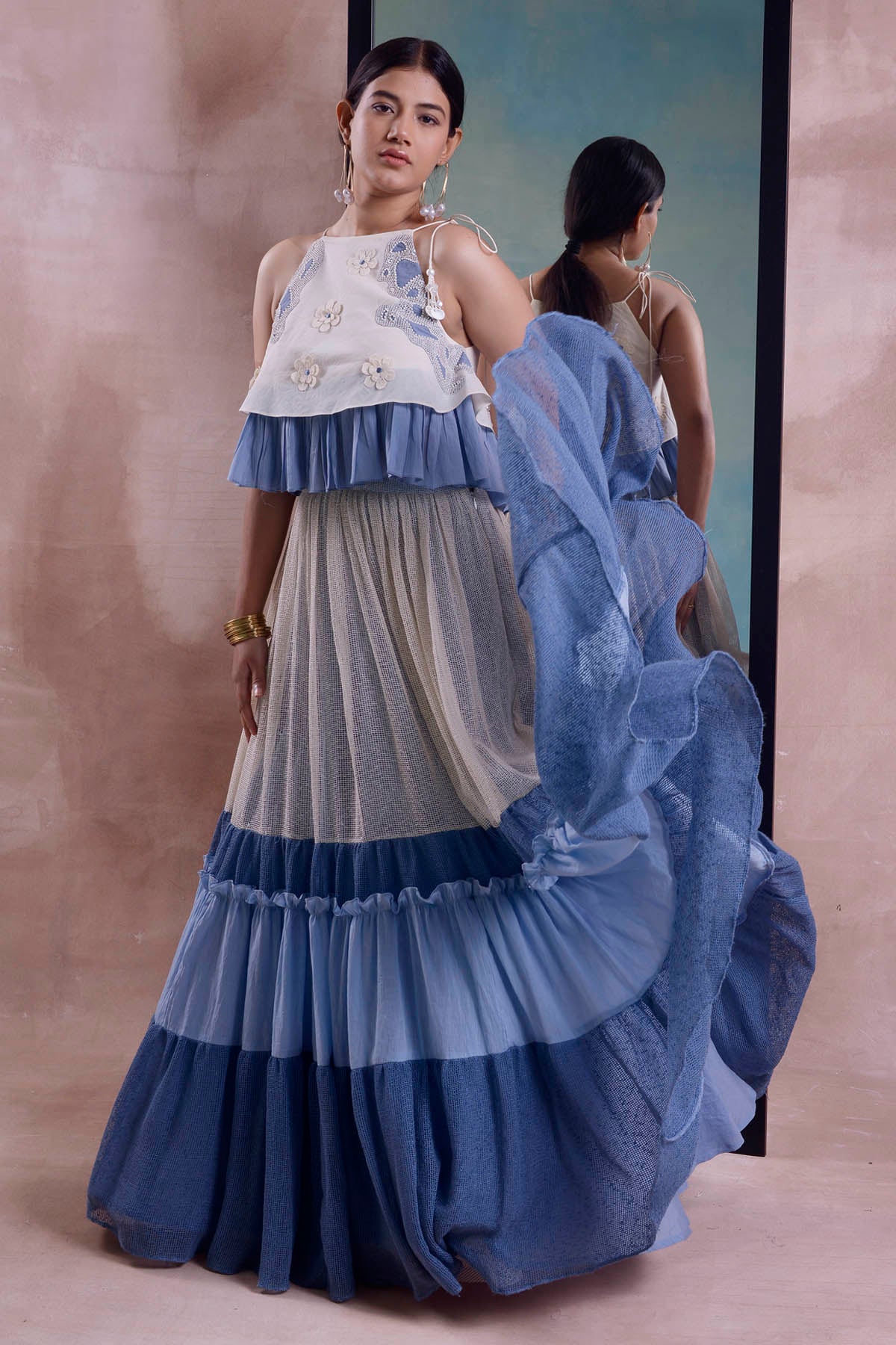 Ivory Layered Frill Lehenga Set