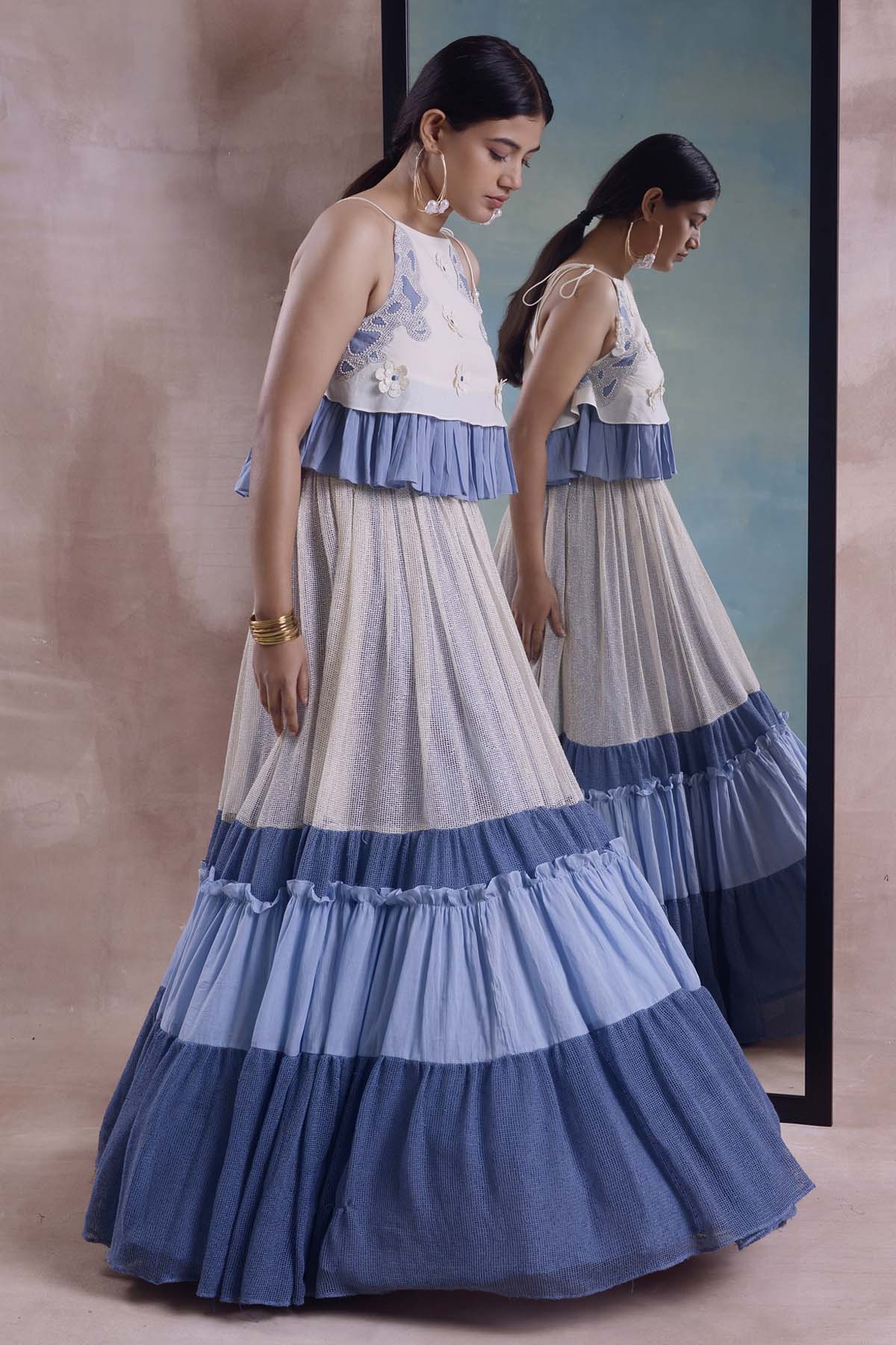 Ivory Layered Frill Lehenga Set