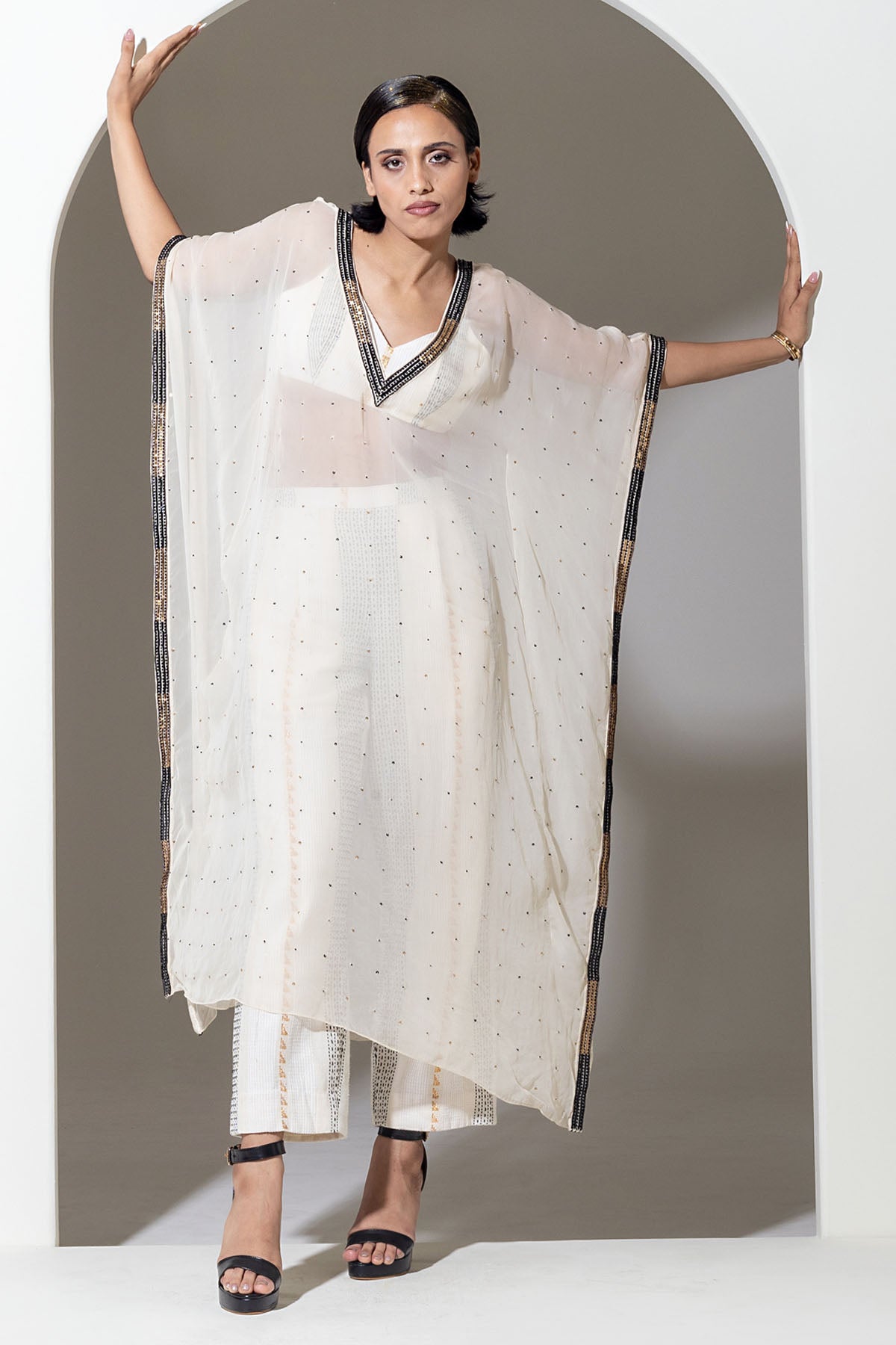 Ivory Organza Sequins Kaftan Set