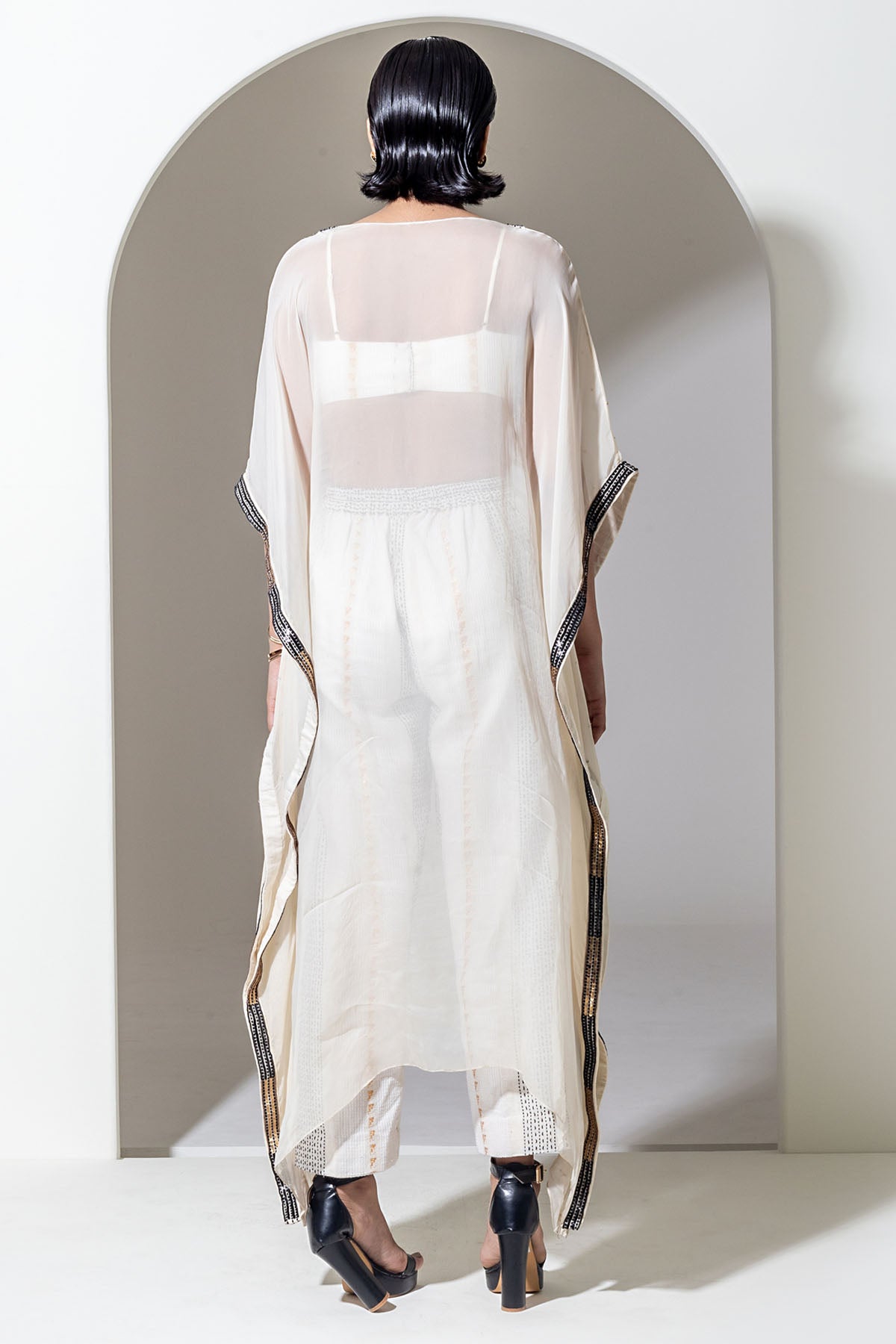 Ivory Organza Sequins Kaftan Set