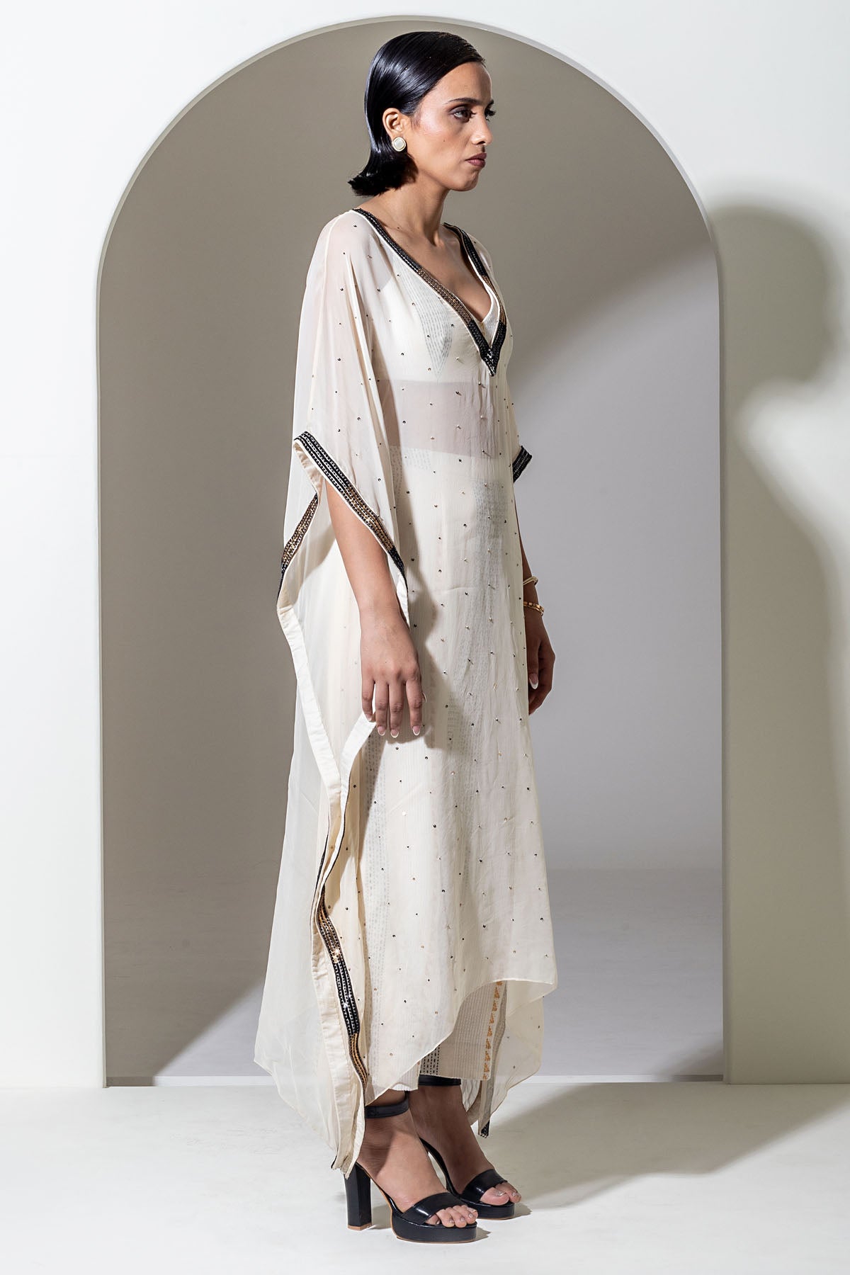 Ivory Organza Sequins Kaftan Set
