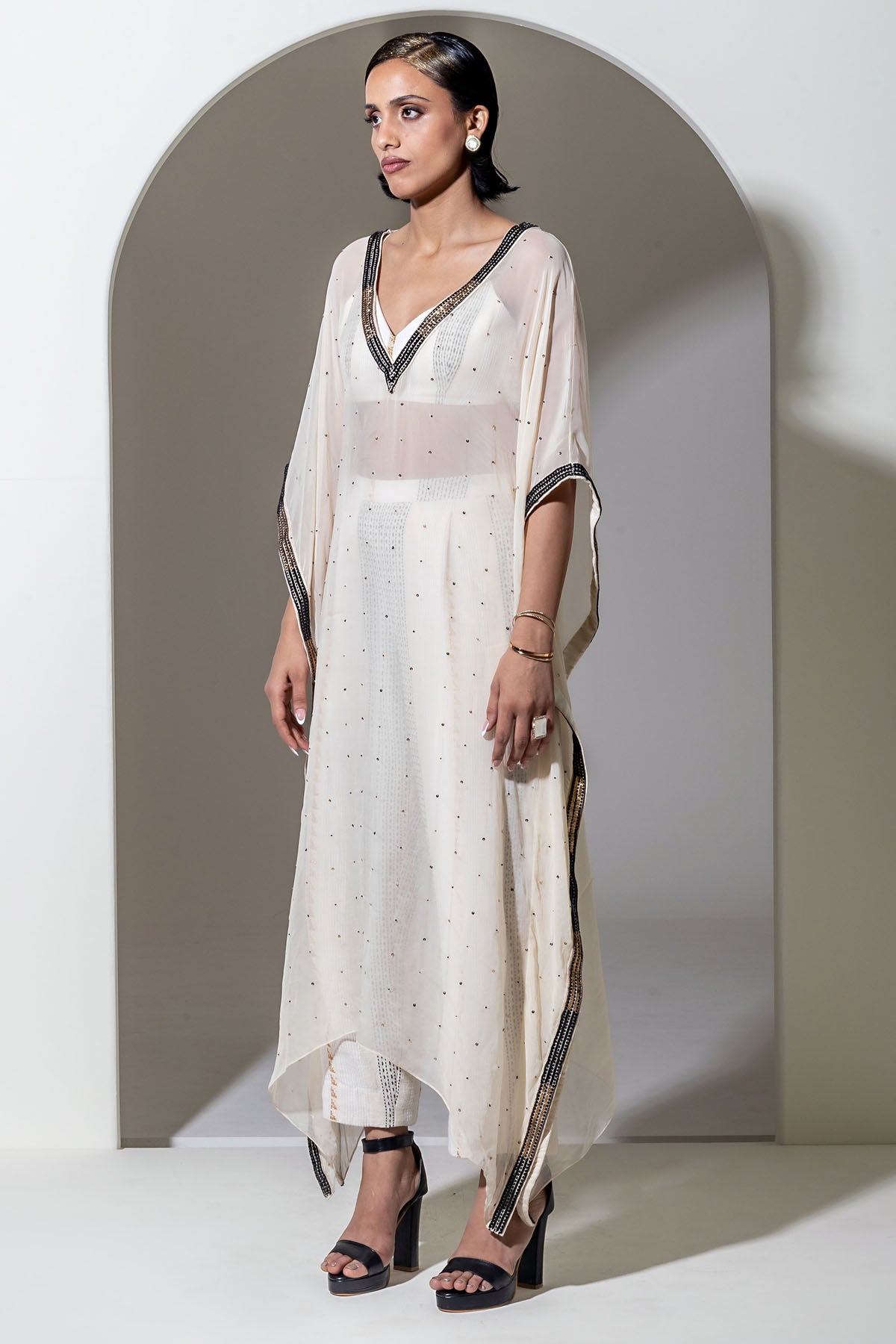 Ivory Organza Sequins Kaftan Set