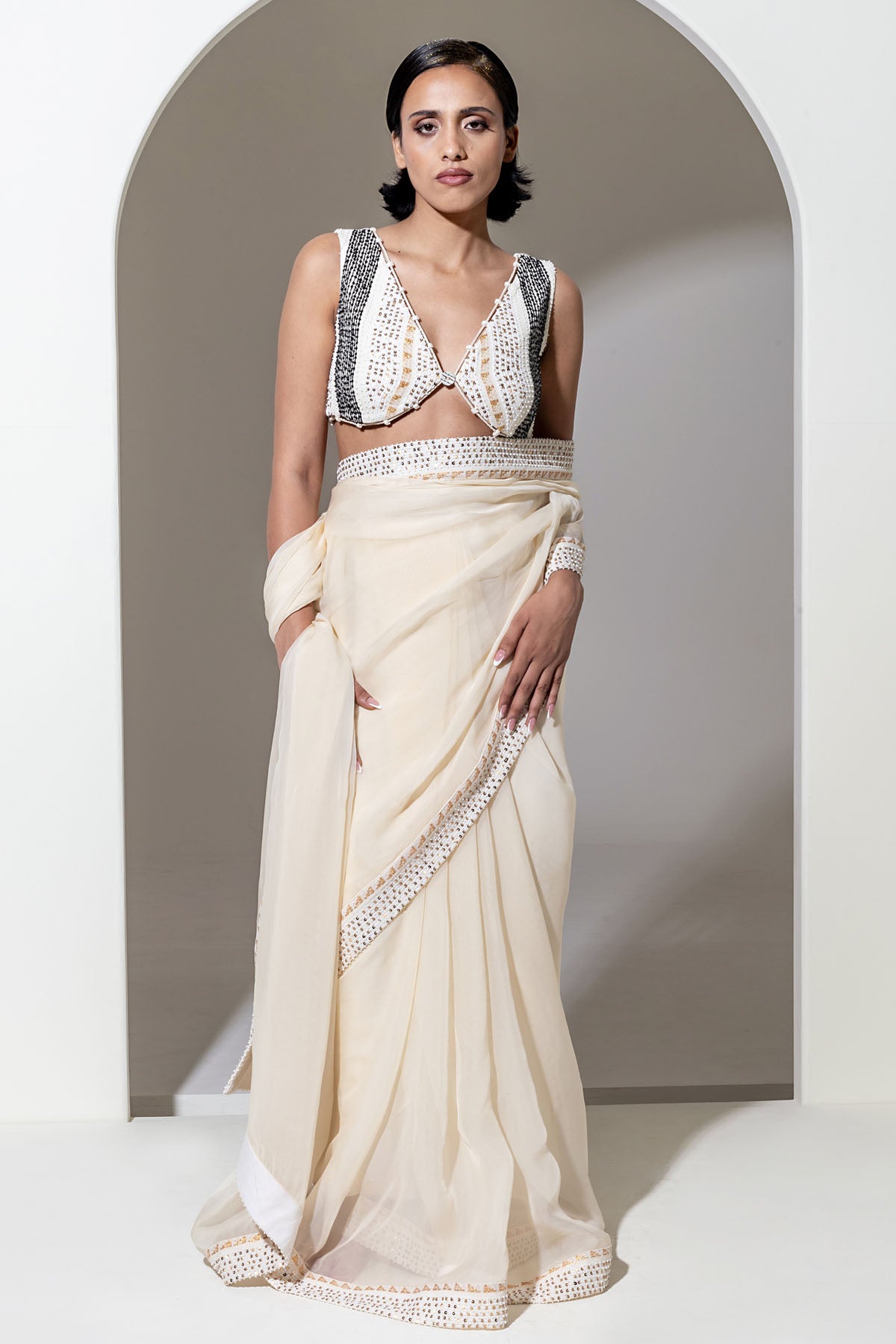 Ivory Organza Sequins Saree